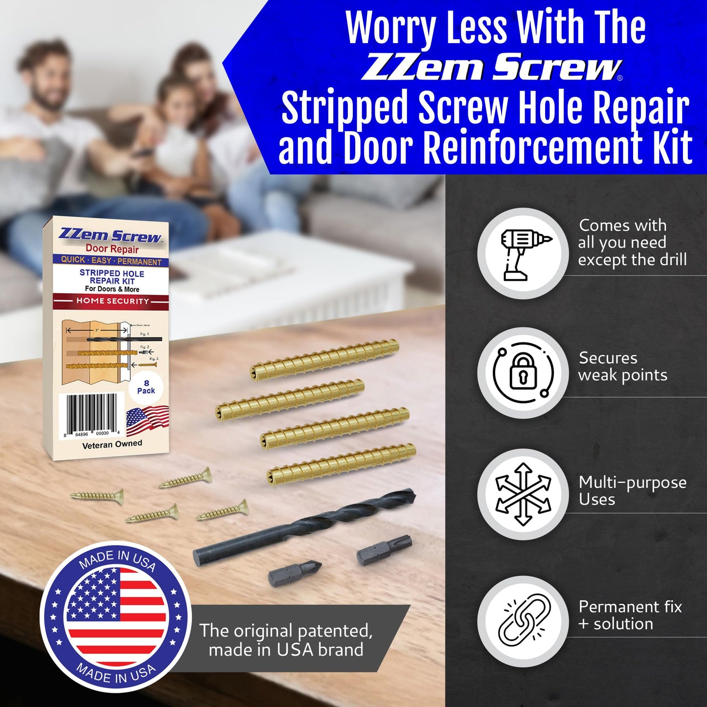 8 Pack Permanent Stripped Screw Hole Repair and Door Reinforcement Security Kit Repair Stripped Screw Holes and Sagging Doors in 3 Easy Step-Made in USA!