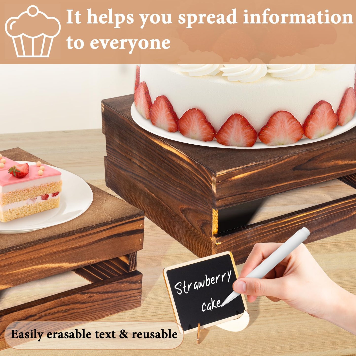 8 Pcs Buffet Risers with Mini Signs, Rustic Wood Cake Stands, Food Risers for Buffet Table, Dessert Display Stand, Wood Crates, Rustic Cake Stand for Party, Wedding, Birthday, Baby Shower, 4 Sizes
