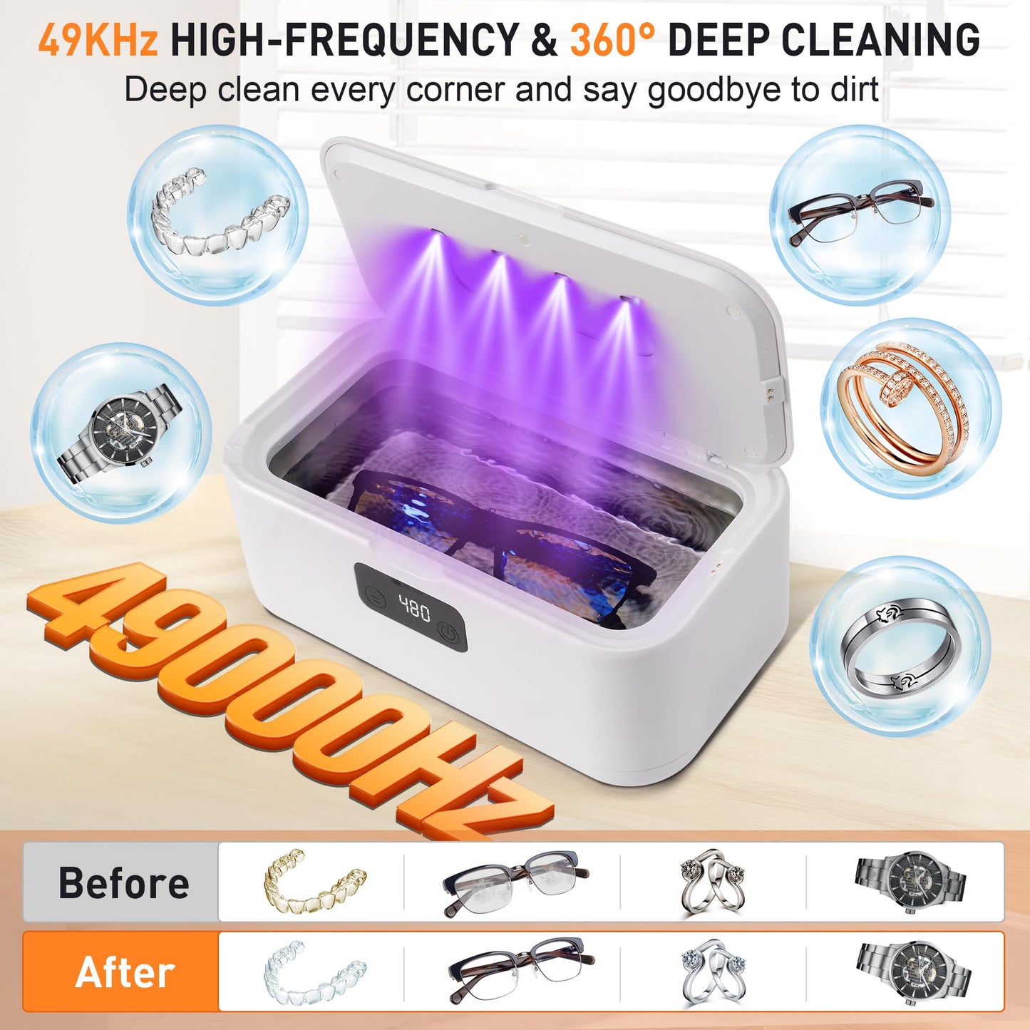 snawowo Ultrasonic Jewelry Cleaner Machine- 28oz/800ml 49KHz Professional Retainer Cleaner |5 Timers LED Display |304 Stainless Steel Tank for Jewelry, Dentures, Retainers, Glasses, Rings, Watch Strap