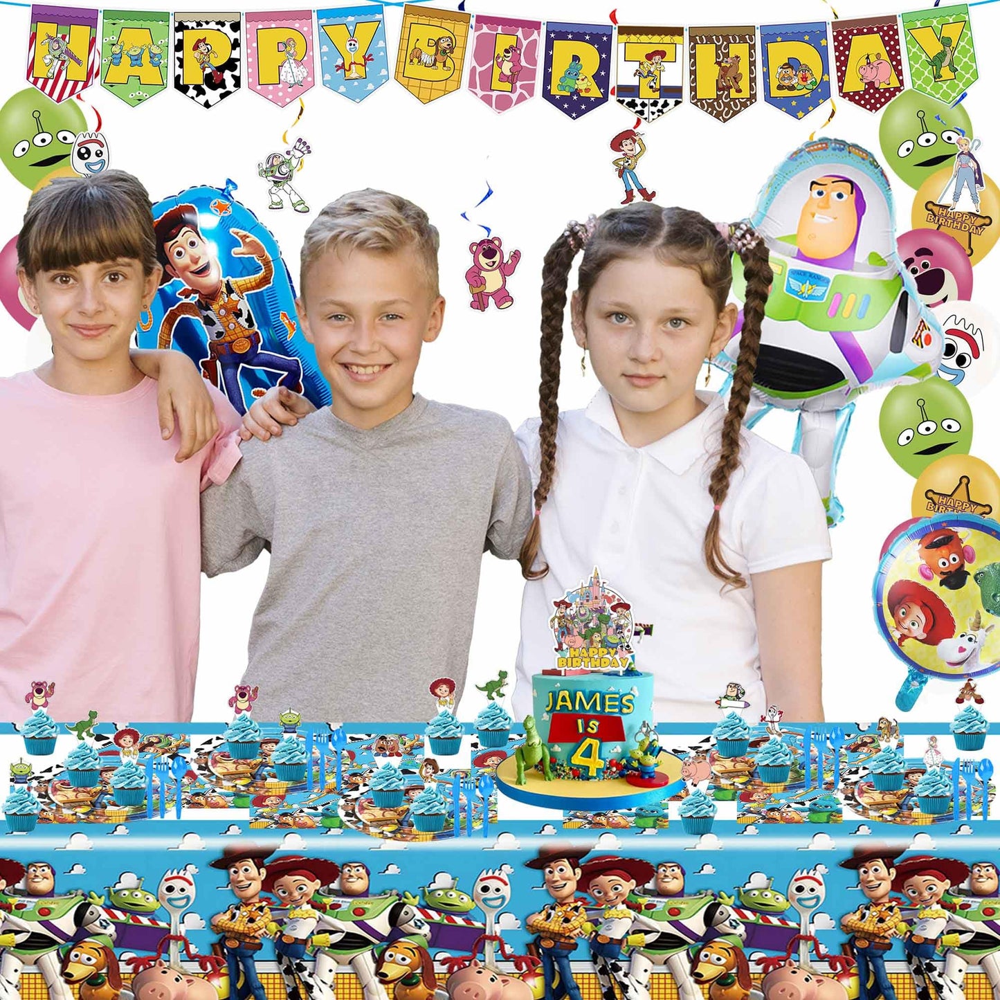 Cartoon Birthday Decorations, Cartoon Party Supplies - Happy Birthday Banner Balloons Plates Backdrop Cake Toppers Tablecloth Hanging Swirls Stickers