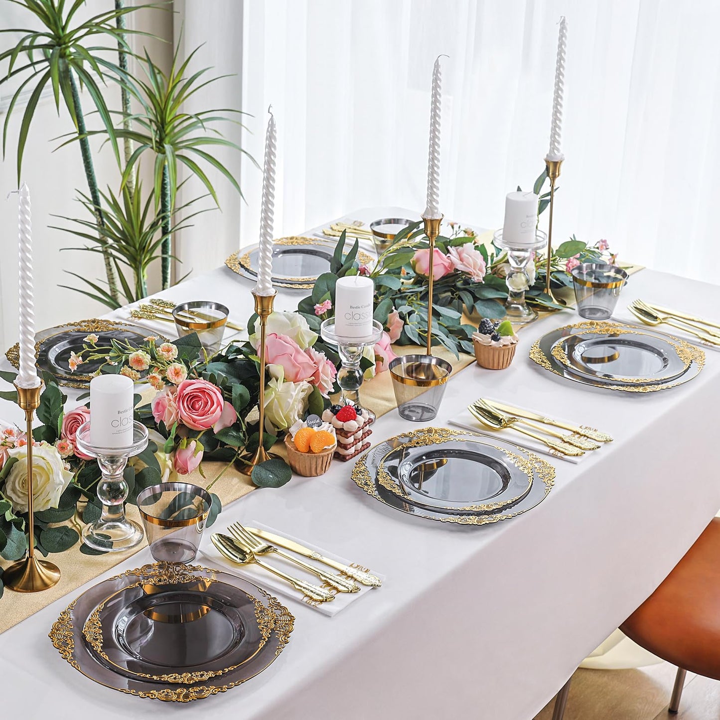 175 PCS Clear Black and Gold Plastic Dinnerware Set for 25 Guests, Disposable Fancy Dinner Plates with Gold Rim for Wedding Party, 25 Dinner and Dessert Plates, 75 Silverware, 25 Cups, 25 Napkins