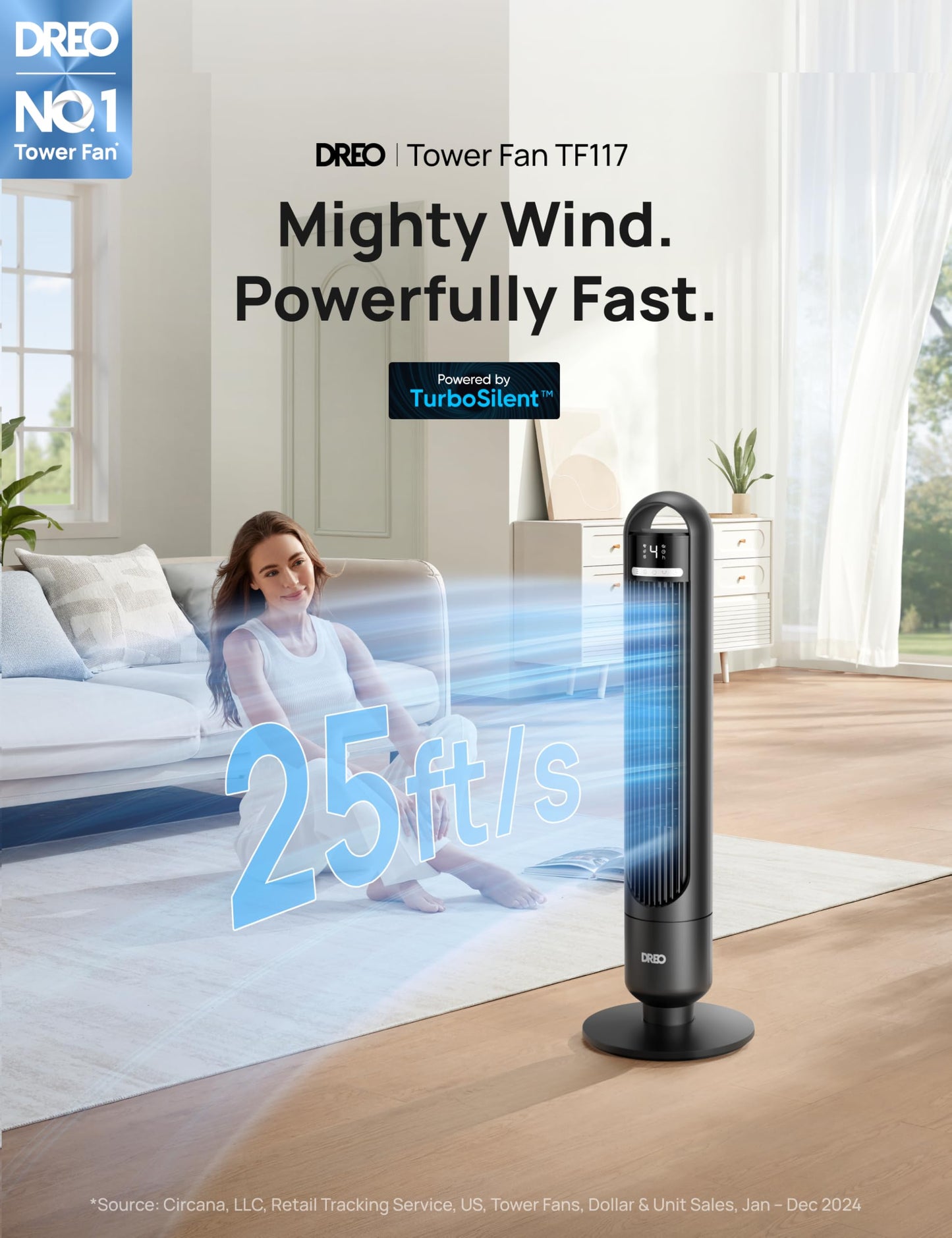 Dreo Tower Fan for Bedroom, 90Β° Oscillating Standing Fans for Room with 4 Speeds, 3 Modes, 28dB Quiet for Sleep, 25ft/s Velocity, 8H Timer, Remote, Living Room, Office, Home, Black