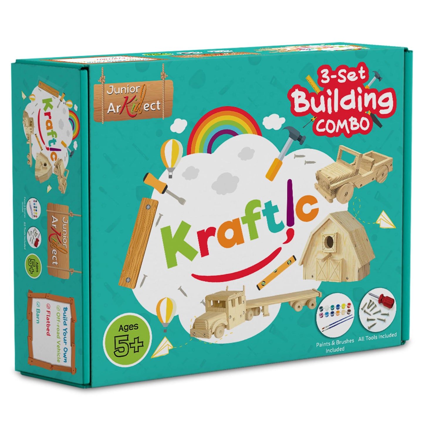 Kraftic Woodworking Building Kit for Kids and Adults, Set of 3 Educational DIY Carpentry Construction Wood Model Kit Toy Projects for Boys and Girls - Off-Road Vehicle, Flatbed Truck, Barn Birdhouse