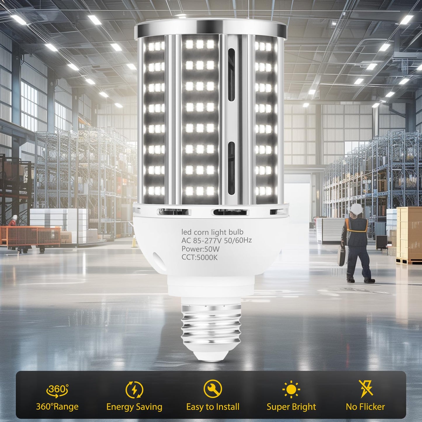 50W LED Corn Light Bulb(6 pack),5000K (500W Equivalent ) Commercial Grade Daylight E26/E39 6500LM Medium Mogul Base LED Lamp,Large Area Lights For Outdoor Indoor Garage Warehouse Factory Bay Light