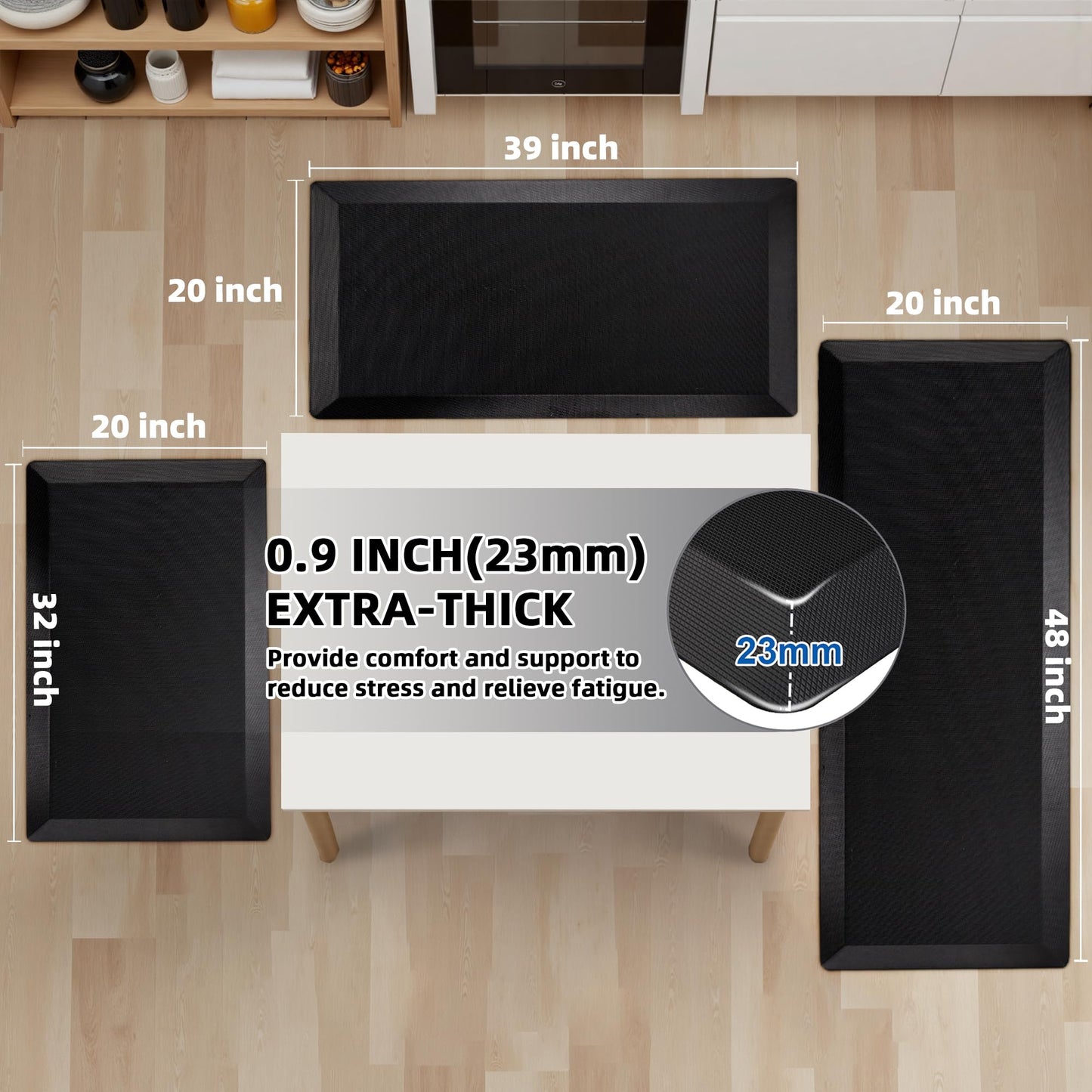 2 PCS Anti Fatigue Kitchen Mats for Floor, 9/10 Extra Thick Cushioned Standing Desk Mat, Comfort Memory Foam Ergonomic Kitchen Rugs and Mats Non-Slip Waterproof for Office, Kitchen, 20"x32"+20"x32"