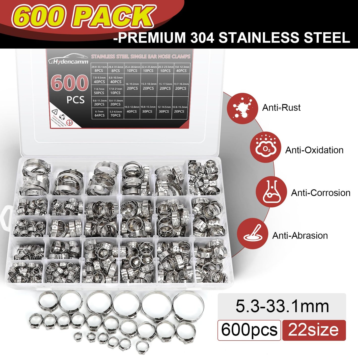 600PCS 22 Sizes Single Ear Hose Clamps, 5.3-33.1mm Crimp Hose Clamps 304 Stainless Steel, Ear Clamp Perfect for Automotive, Home Appliance Line, Pipe Hoses and Industry Use By Hydencamm