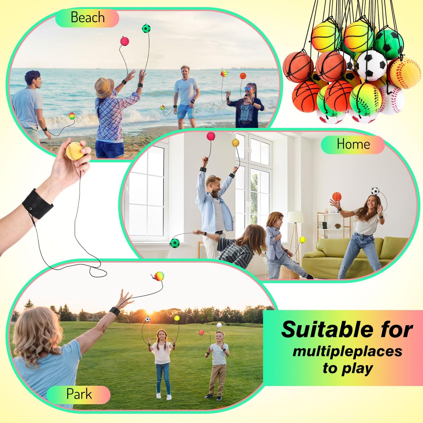 Skylety 100 Pieces Wrist Return Ball Rubber Sport Ball with Strap and String Rebound Bouncy Balls Toy on Elastic String Toy for Teens Adults Wrist Exercise Play