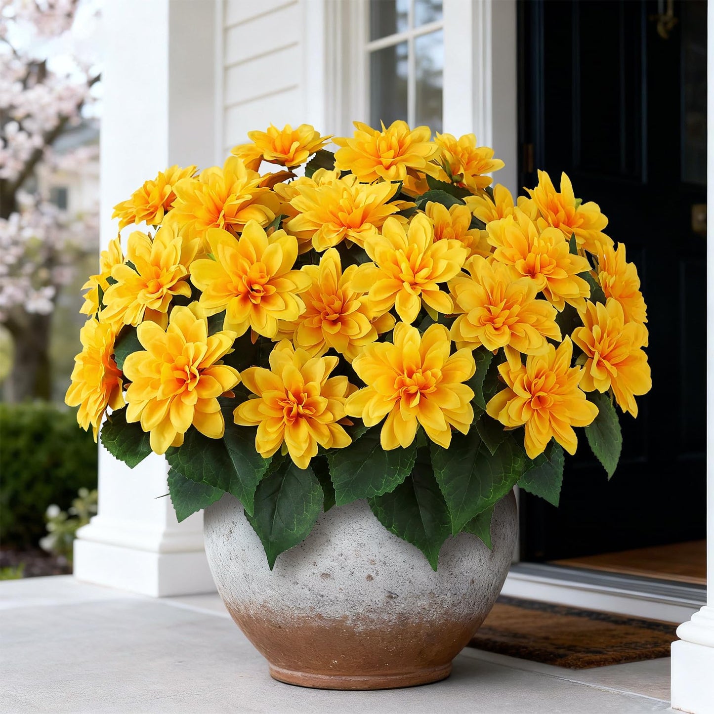 2 Set of Artificial Dahlia Topiary Ball Trees - Fake Silk Dahlia Flower Bushes, UV Resistant Faux Floral Shrub Potted for Front Door Porch Farmhouse Wedding Outdoor Decor (Yellow)