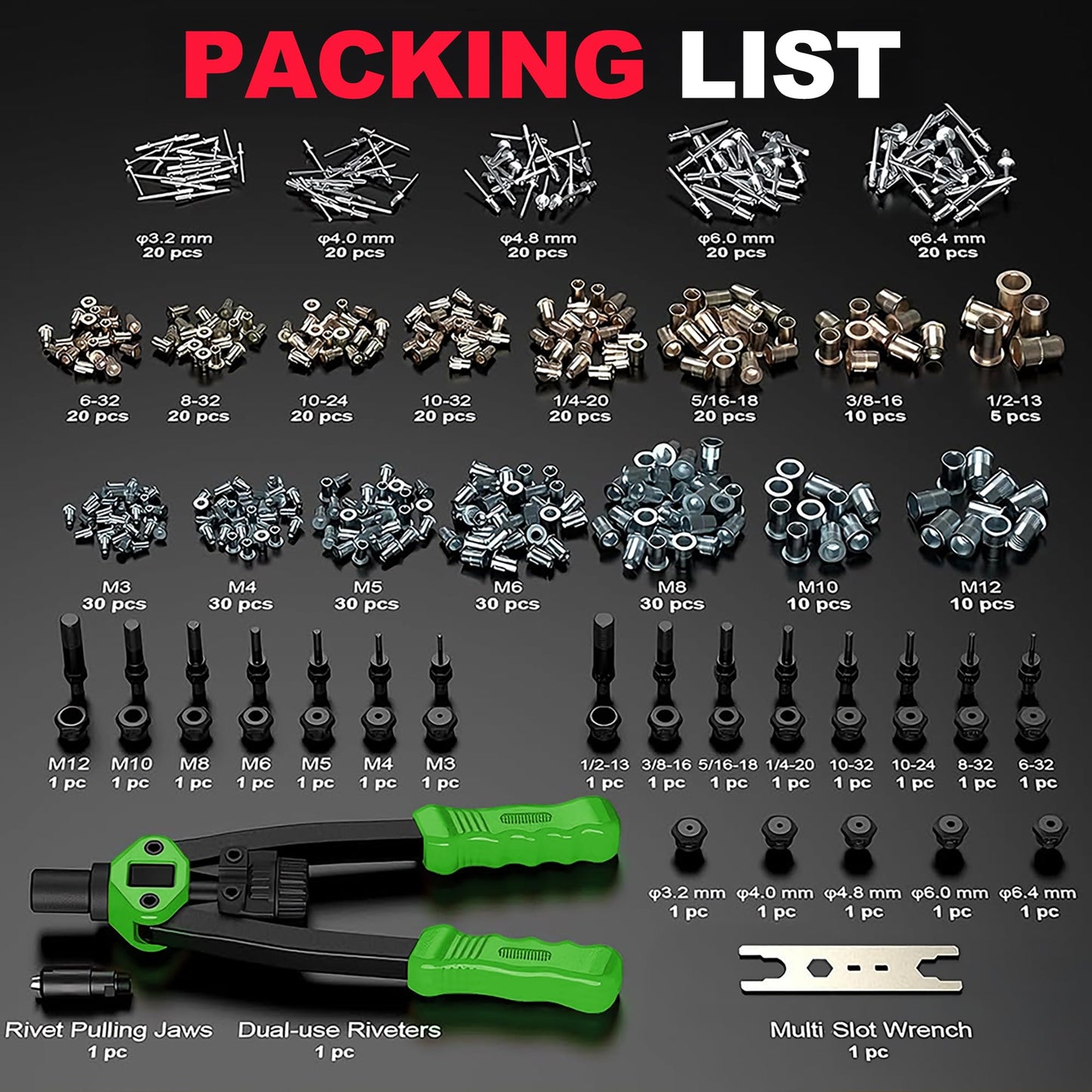ZNBOLT Dual Function Hand Rivet Gun with Rugged Carrying Case – Heavy Duty Single Hand Riveter with 400+ pcs Rivet Nuts, 15 Mandrels, 5 Rivet Nozzles, Blind Rivets for Plastic, Wood, Metal, Leather