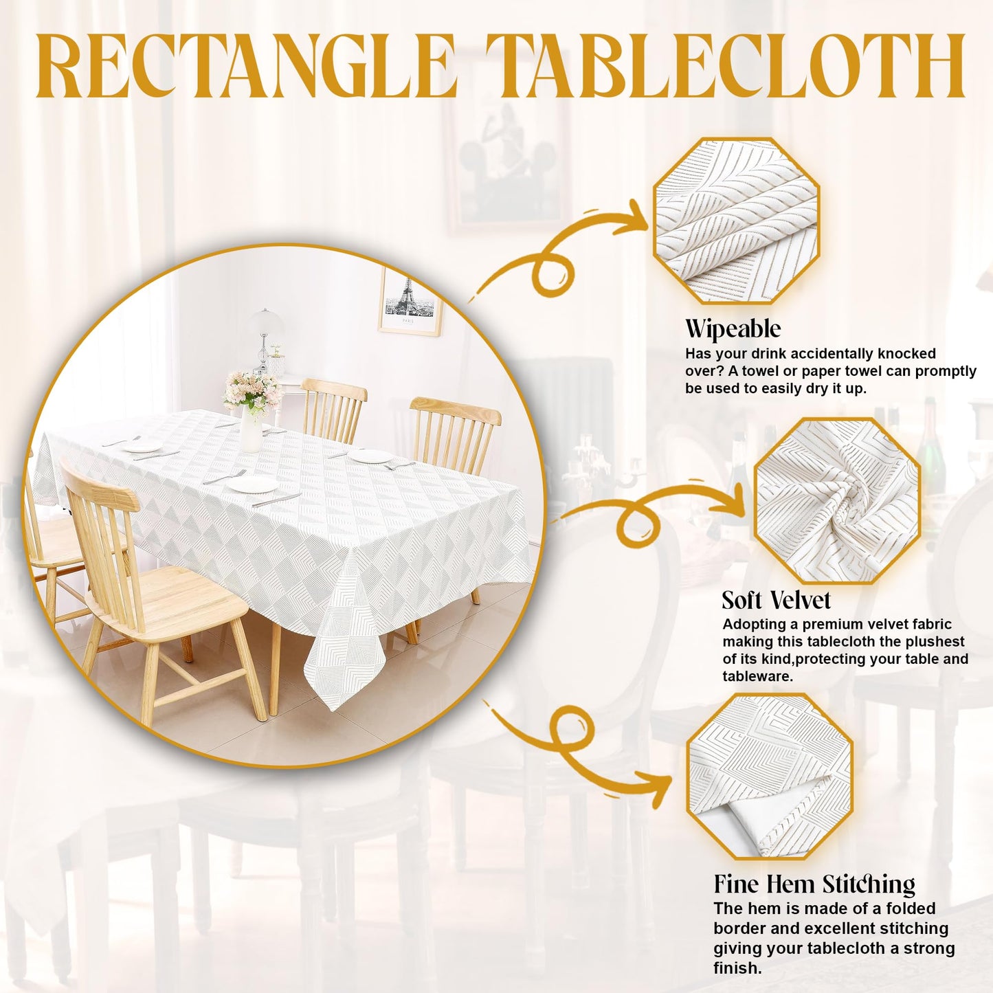 Majestic Giftware Velvet Tablecloths for Rectangle Tables | (70/120) - TC1406 Gold Geometric Print Hem Stitch Dining Table Cover | Decorative Washable Rectangle Tablecloth for Kitchen, Dinning, Party