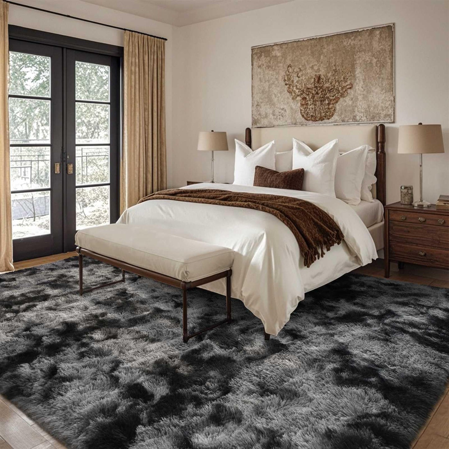 9x12 Ft Extra Large Shag Rugs for Living Room, Tie Dyed Ultra Soft Fluffy Furry Area Rugs for Bedroom Indoor Floor, Aesthetic Carpet for Kids Home Decor (Dark Grey)