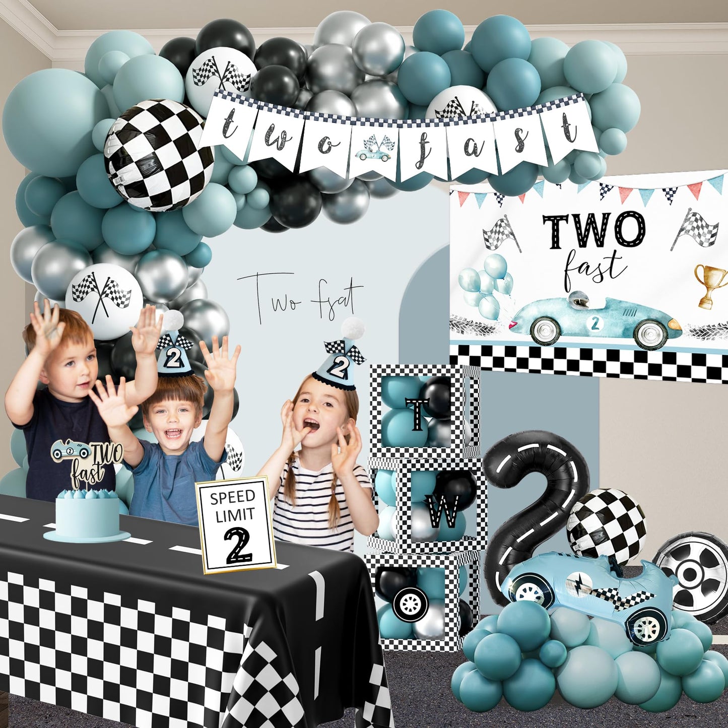 Two Fast Birthday Decorations, 2nd Birthday Decoration for Boys, Race Car Party Supplies for 2 Year Old with Balloon Garland Backdrop Tablecloth Box Crown Cake Topper