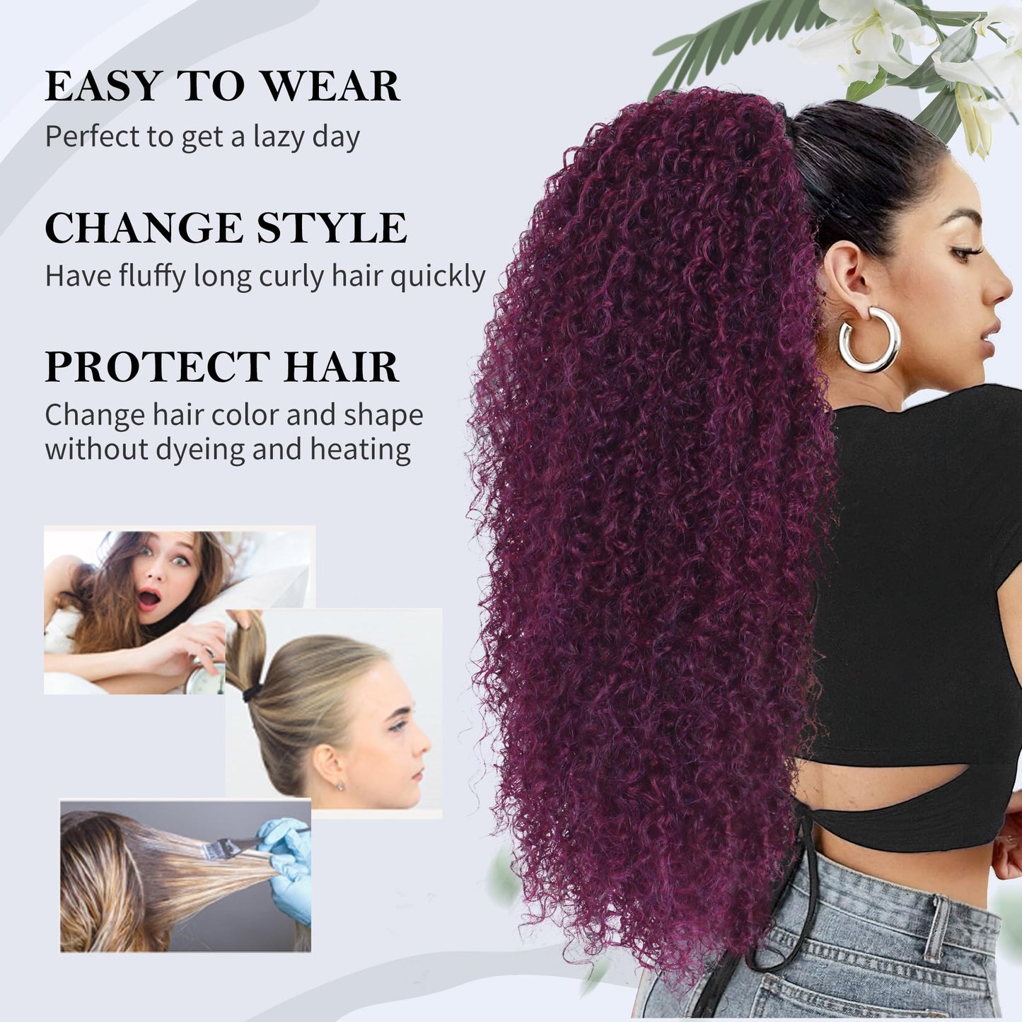 Alebery 27 Inch Drawstring Ponytail Extension for Black Women Deep Curly Ponytail Extension Synthetic Mixed with Human Hair Hairpieces Afro Kinky Curly Pony Tail for Daily Use (Rose Purple)