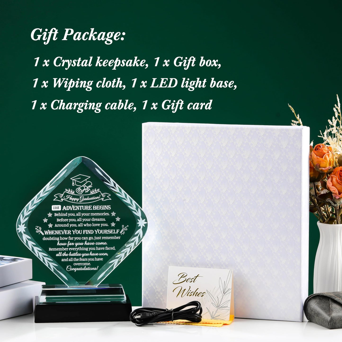 Movdyka Graduation Gifts for Women Men Crystal Plaque Keepsakes, Class of 2026 Graduation Gifts for Her Him Female High School College Masters Degree Phd Decor (Rhombus with Light Base)