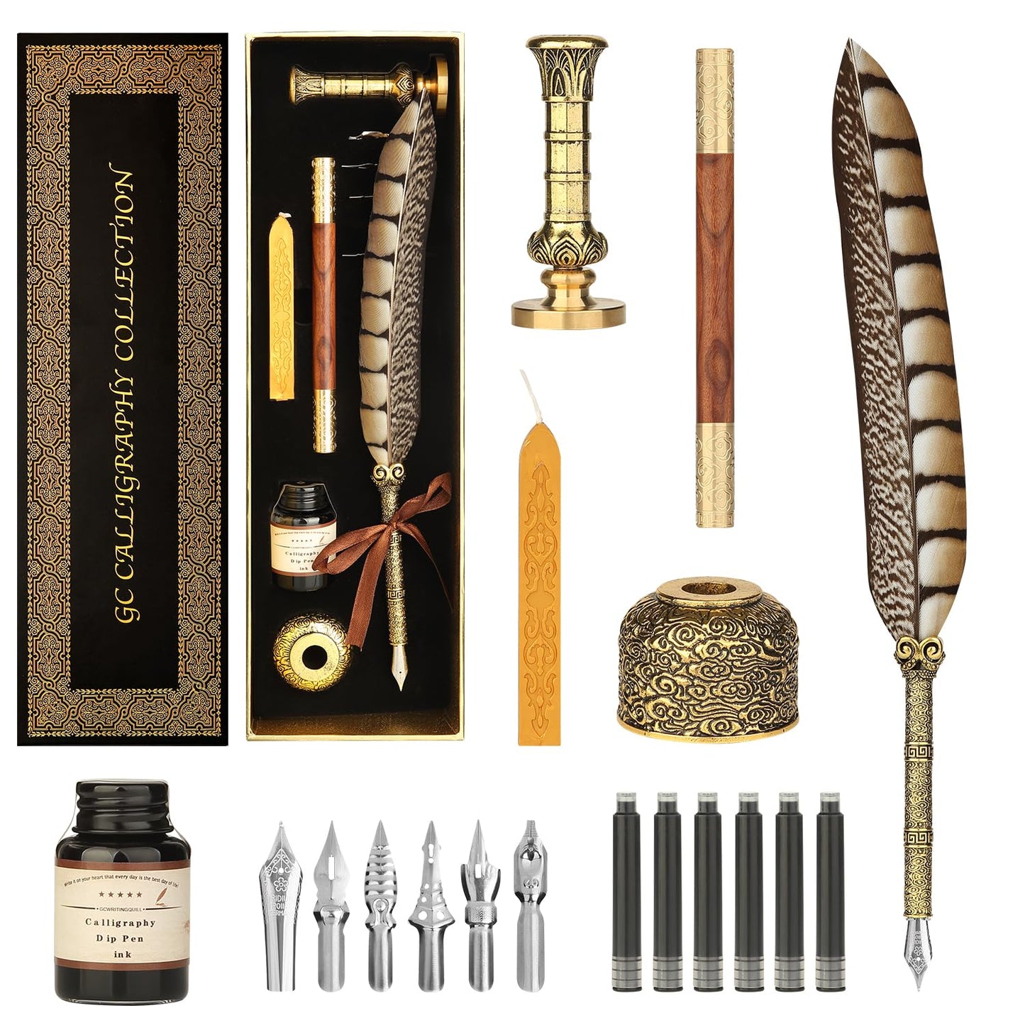 GC QUILL Calligraphy Pen Set - Feather Dip Pen,Dual Tip Calligraphy Fountain Pen, Stamp, Wax Candle, Pen Base, Ink Bottle, Ink Cartridges L1492