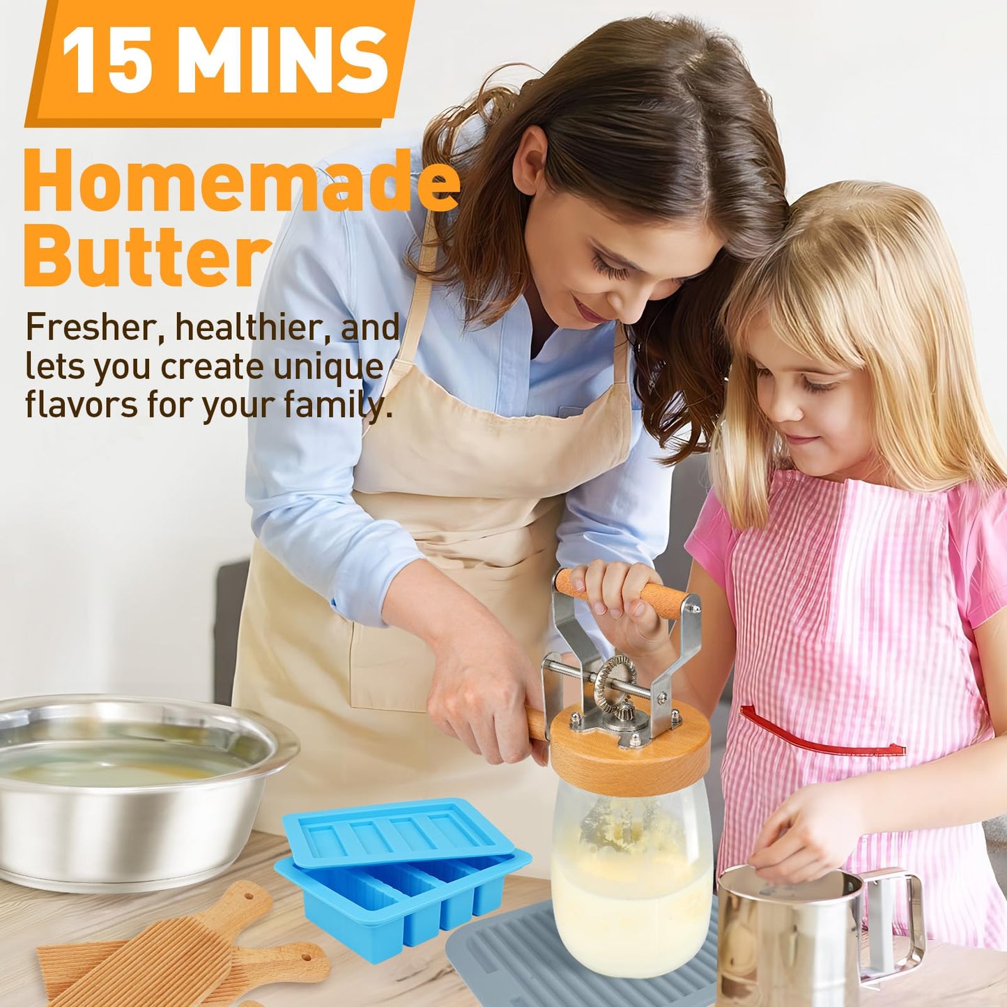 TeeMars Butter Churner - Upgraded Hand Crank Mason Jar Butter Churn, 34oz Butter Churn Kit with 14 Recipe, Butter Paddle, Butter Mold with Lid, Cheese Cloth, Anti-slip Mat, Homemade Butter in 15Min
