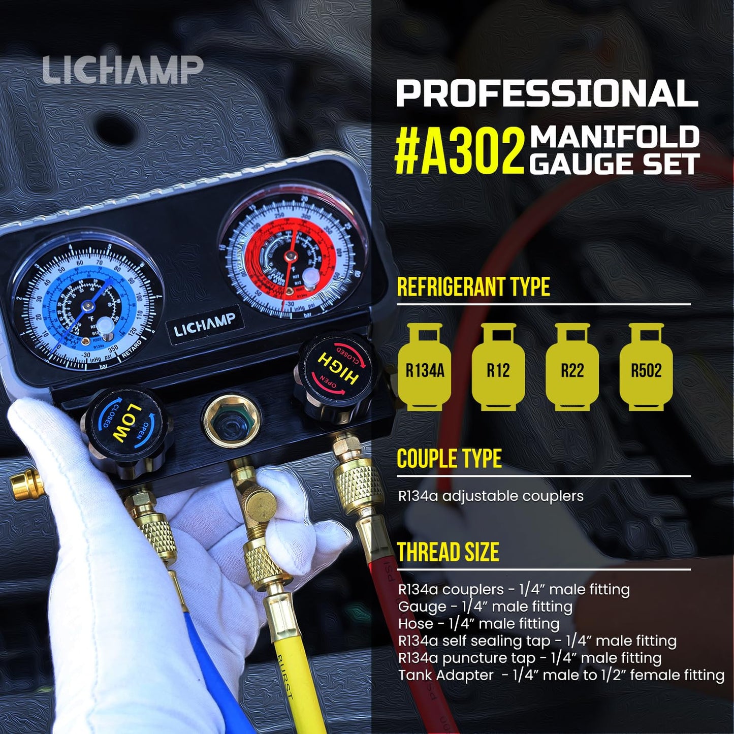 Lichamp AC Gauges, A/C Manifold Gauge Set for R134a R22 R12 R502, Professional #A302