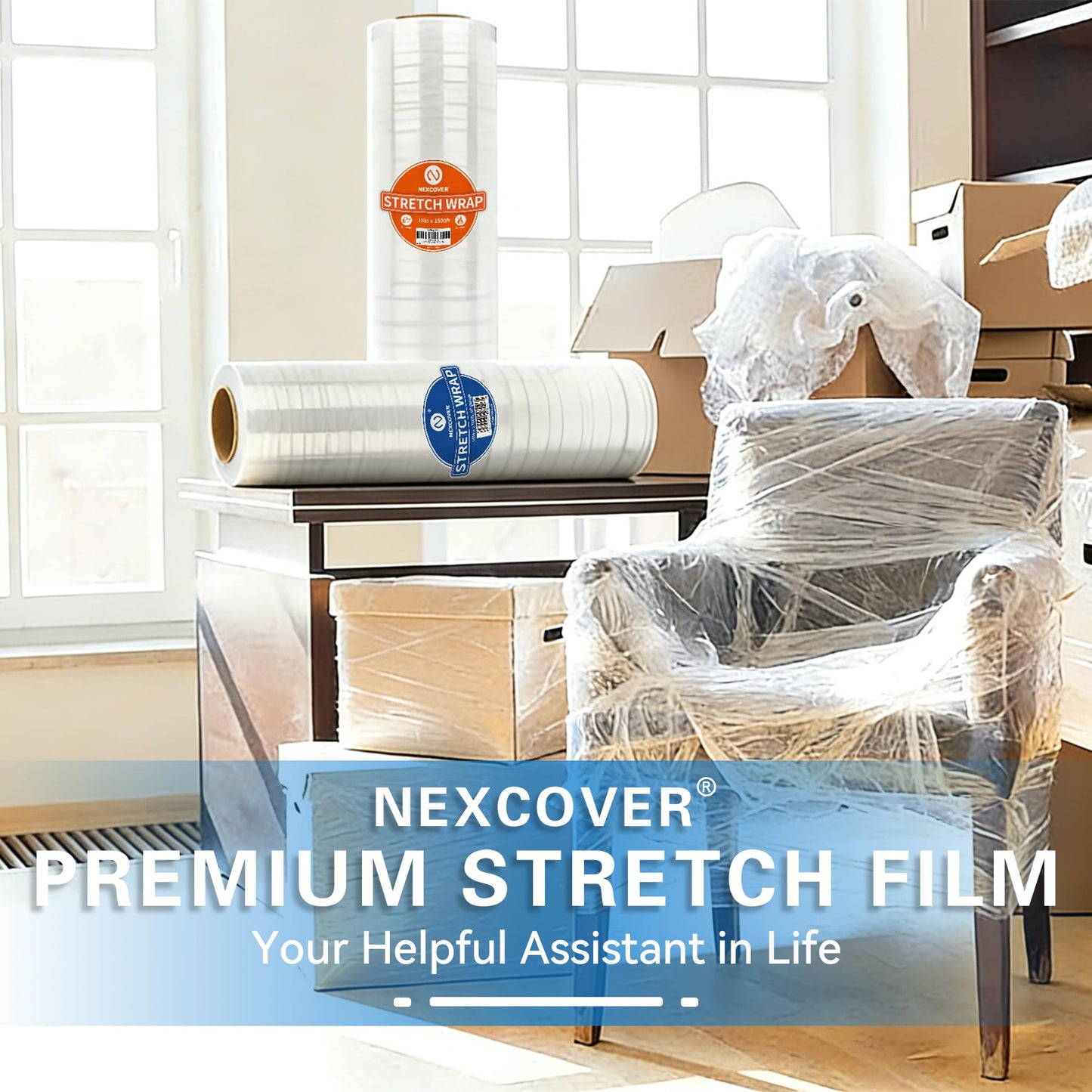 NEXCOVER 18 Inch Stretch Wrap - 1500 Feet | 60 Gauge, 2 Roll Clear Plastic Self-adhering Stretch Wrap Film for Pallet Wrap, Thick and Durable Packing Moving Supplies Heavy Duty Shrink Film.