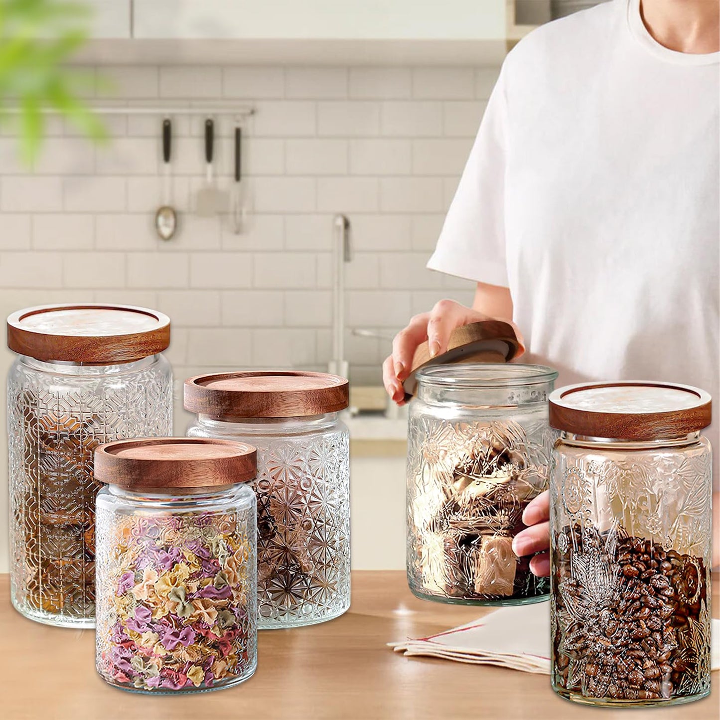 yoqelt Vintage Glass Jars with Wooden Lids, 6 Pack 24 oz Airtight Glass Food Storage Containers Sets for the Kitchen, Sugar Coffee Candy Spice Cookie Tea Pasta