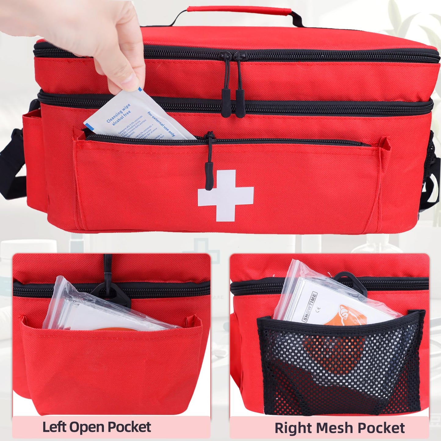 ALSLEA First Aid Bag Empty Large Medical Bag with Shoulder Strap 16”x 9½” x 7” Medicine Organizer Box Travel First Aid kit Emergency Supplies Storage Bag for Car, Home, Office, Outdoor (Red)