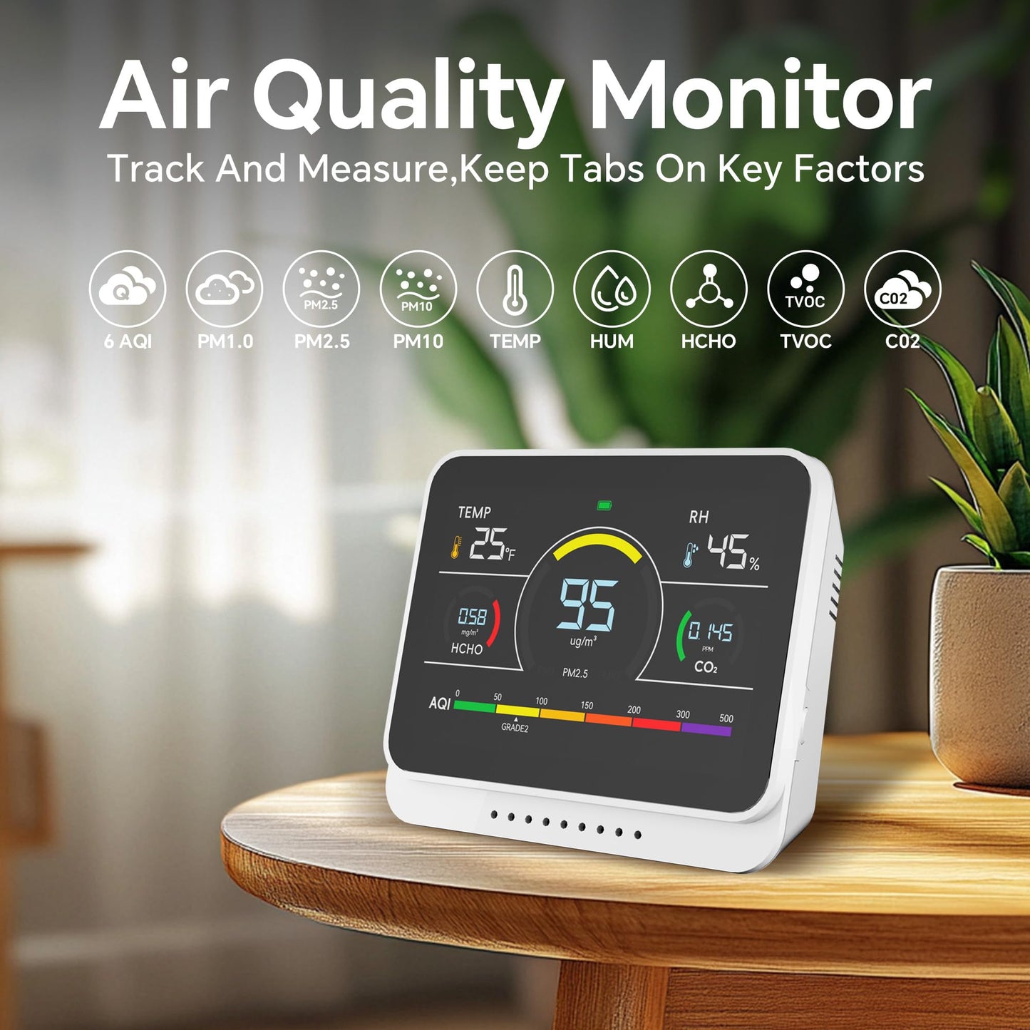 13 in 1 Portable Air Quality Monitor Indoor for Home, Car and Office Air Quality Tester for 6AQI,HCHO, PM2.5, PM1.0, PM10, CO2 Detector Air Quality Meter with Temperature, Humidity (Pearl White)