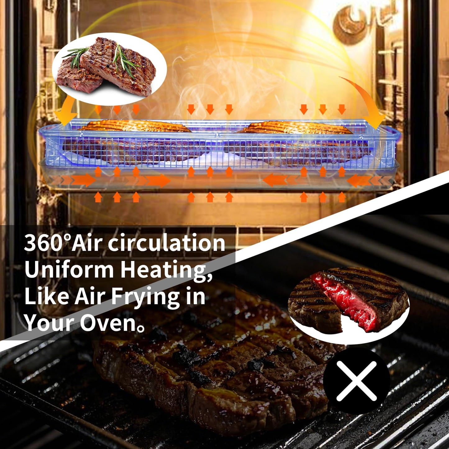 Air Fryer Basket for Oven Accessories Kitchen Dishwasher Safe Easy To Clean Use Healthy Silver Square Non Stick Pan Sturdy Extra Thick Wire Baking Rack Bacon Stainless Steel Tray Cooking 360° Airflow