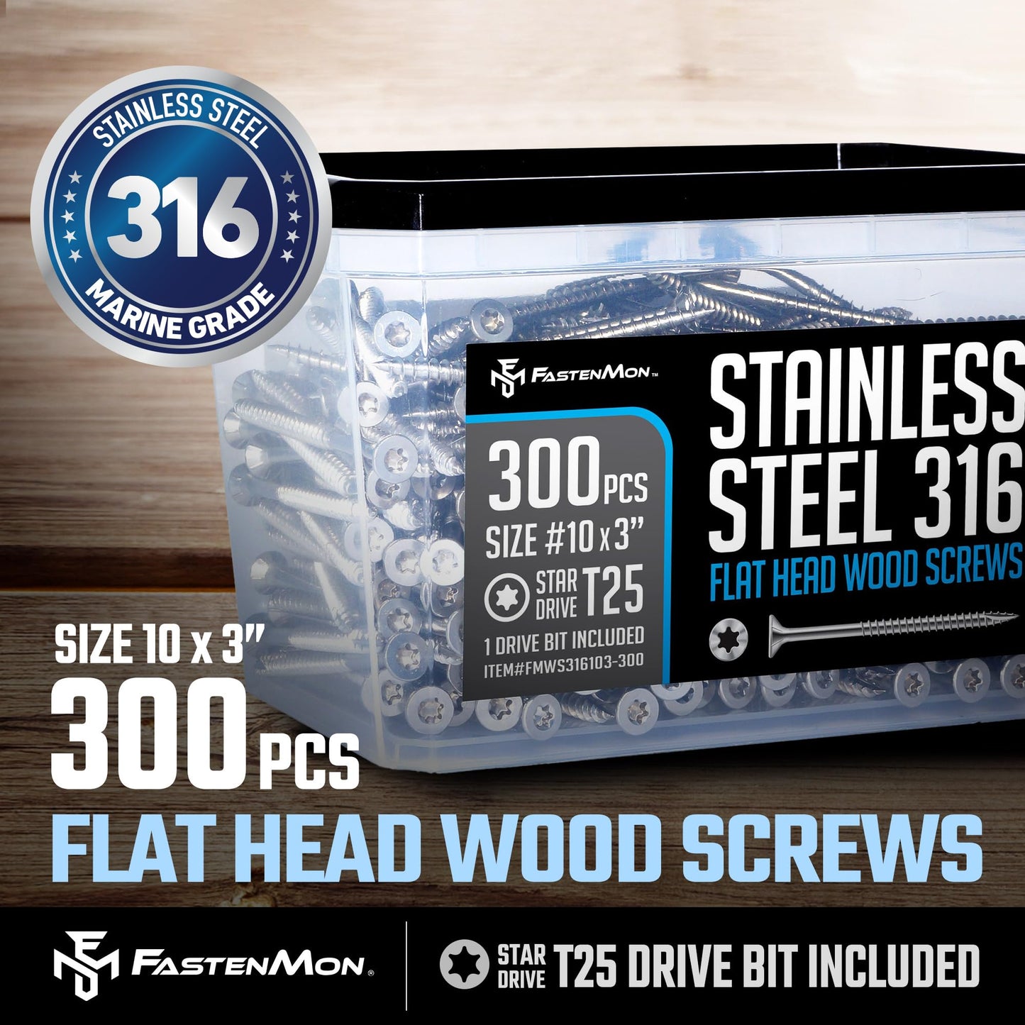 FM FastenMon #10 x 3 Marine Grade Type 316 Stainless Steel Wood Screws - 300 Pack with T25 Bit – Torx Flat Head Type 17 Point Ideal for Decks, Fences, and Coastal Construction
