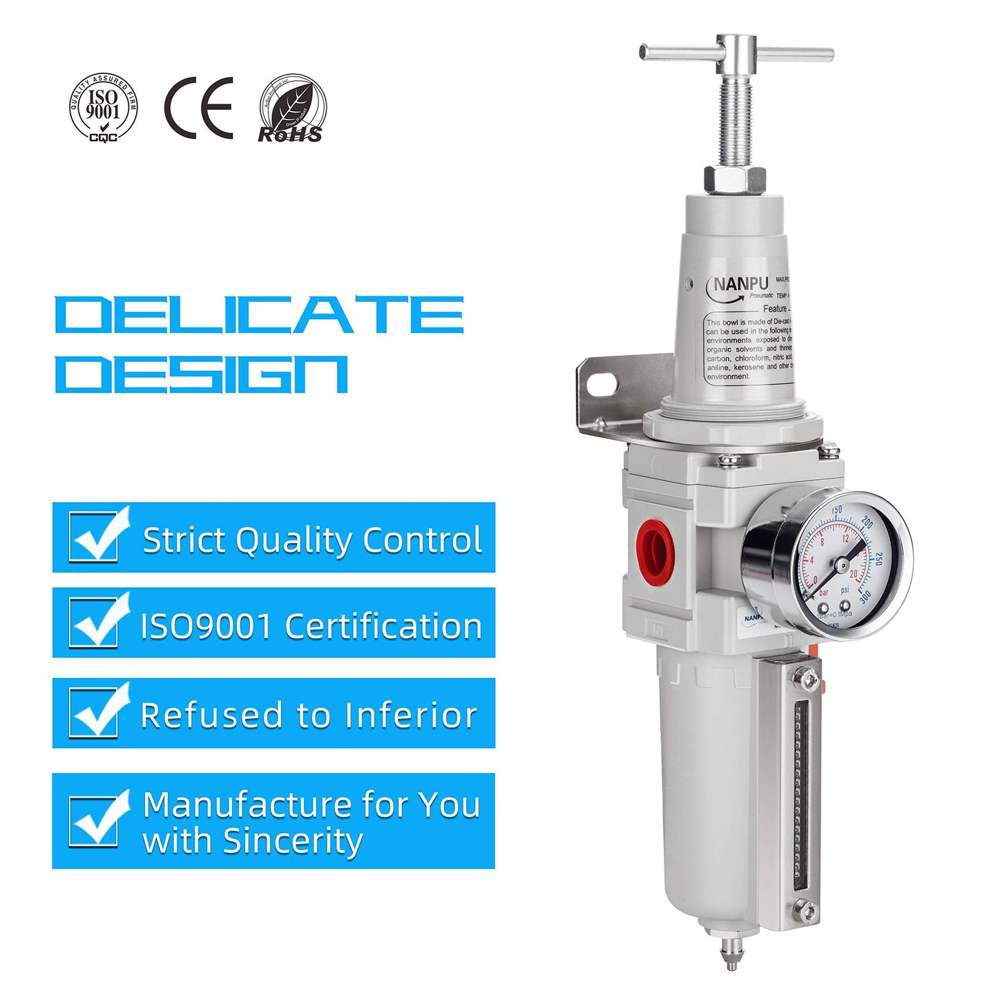 NANPU 1/2" NPT High Pressure Air Filter/Regulator Combo, T-Handle, Semi-Auto Drain, 0-300 Gauge, Metal Bowl