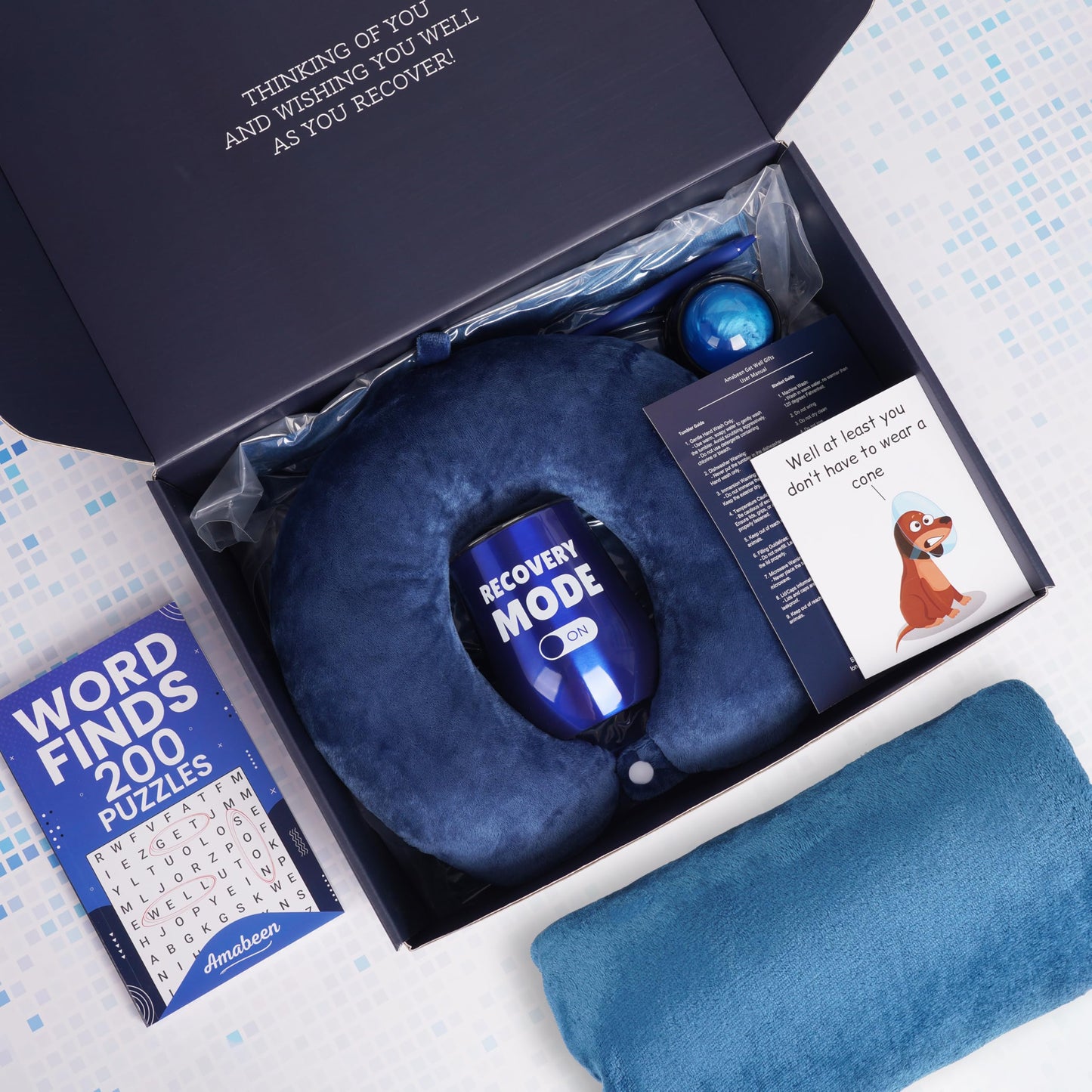 Amabeen Gifts Get Well Soon Gift Basket for Men – Recovery & After Surgery Care Package - Neck Pillow, Plush Blanket, Insulated Tumbler, Massage Roller, Puzzle Book, Funny Card, Pen