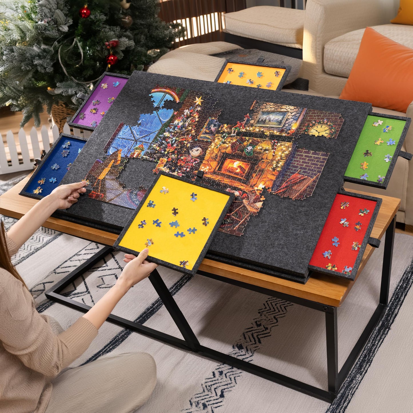 Lavievert 1500 Piece Tilting Puzzle Board with 2-in-1 Designed Stand & Cover, Lightweight Felt Mat Plateau with 6 Colored Drawers, Portable Jigsaw Puzzle Table with Storage for Adults – Dark Gray