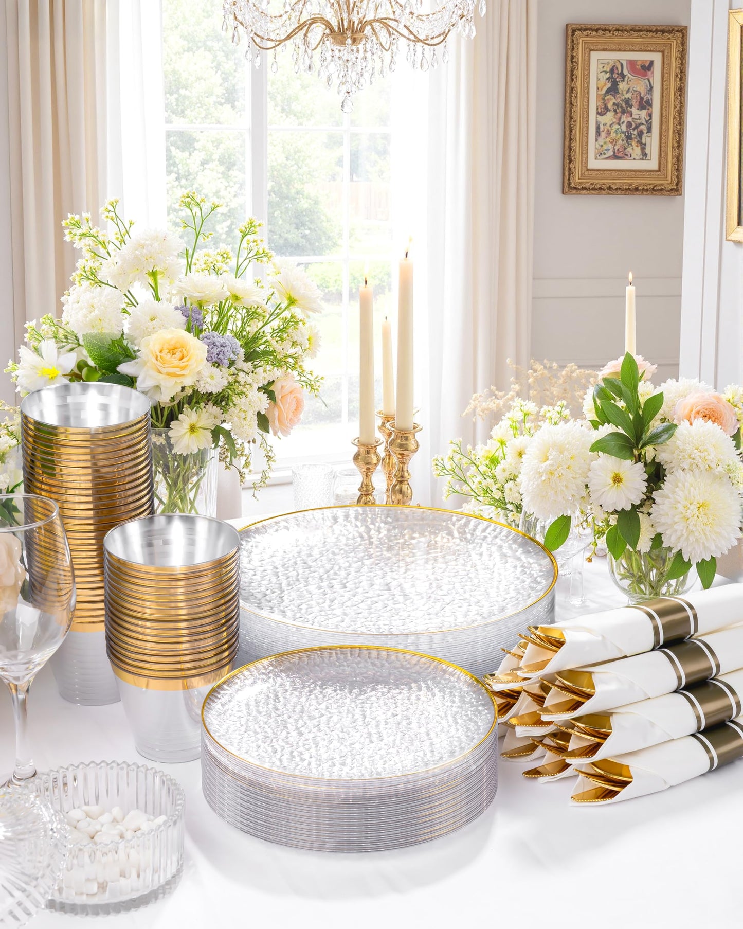 Hioasis 350pcs Clear Gold Plastic Plates - Clear Plastic Dinnerware Set Includes 50 Dinner Plate, 50 Dessert Plate, 50 Cups, 50 Napkins Perfect for Wedding & Party & Wedding