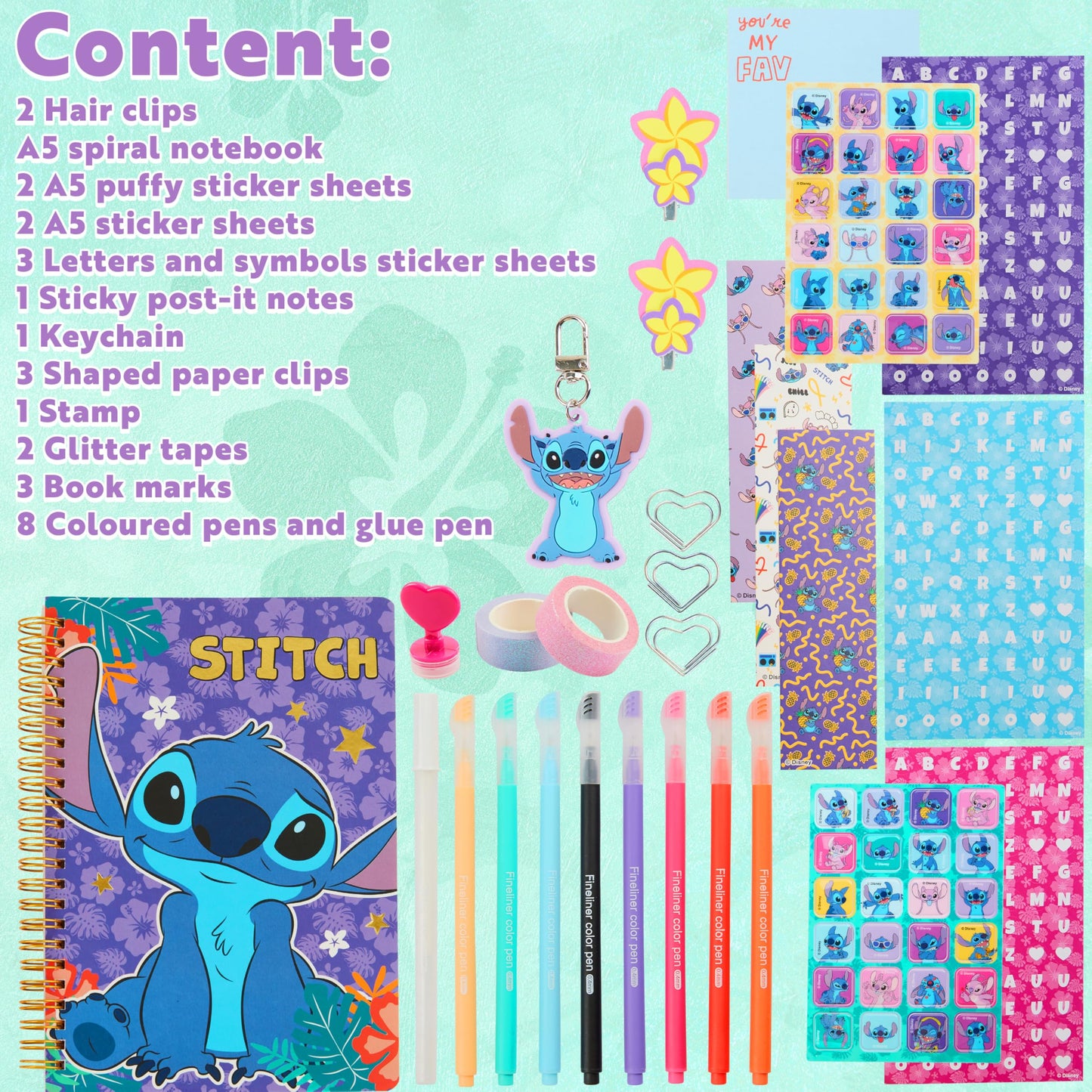 Disney Stitch DIY Journal Kit For Girls Teens, Cute Arts and Crafts Kits, A5 Spiral Notebook, Hair Clips, Pens, Sticker Sheets Stitch Gifts