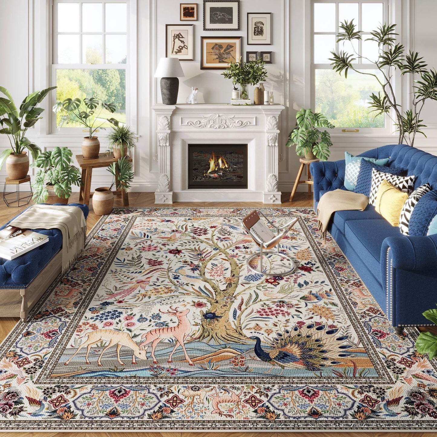 Rugcomf Area Rugs 5x7 Vibrant Tree of Life-Patterned Vintage Washable Area Rug Non Slip Low Pile Large Rugs for Living Room Bedroom Farmhouse Dining Room Kids Playroom, Beige
