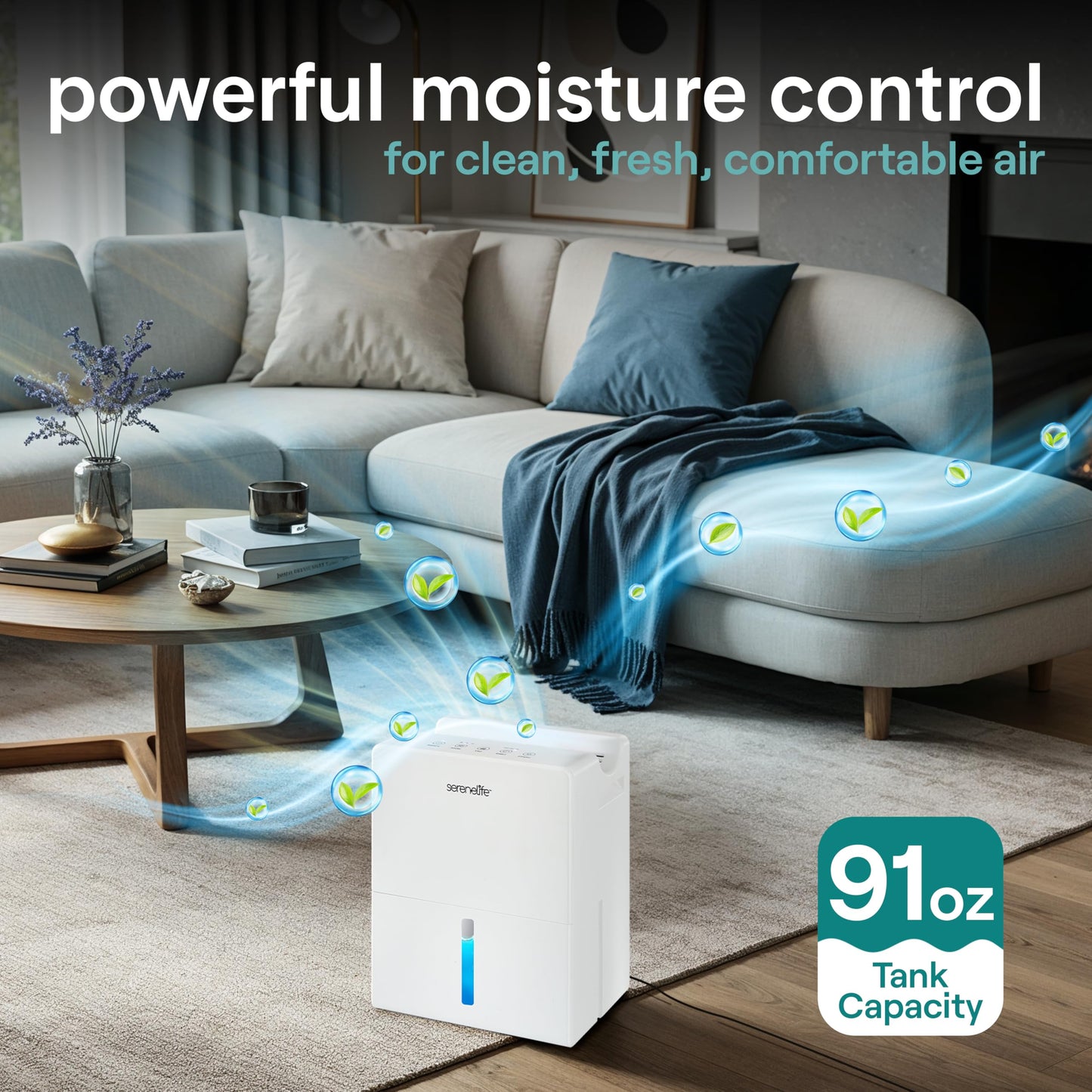 SereneLife 2-in-1 91 Oz Dehumidifier For Home, Bedroom, Bathroom, Basement with Removable Cylinder & Drying Base, Timer, Sleep Mode, & Smart Humidity Control, Covers 1200 Sq Ft 9 x 6 x 13 in, White