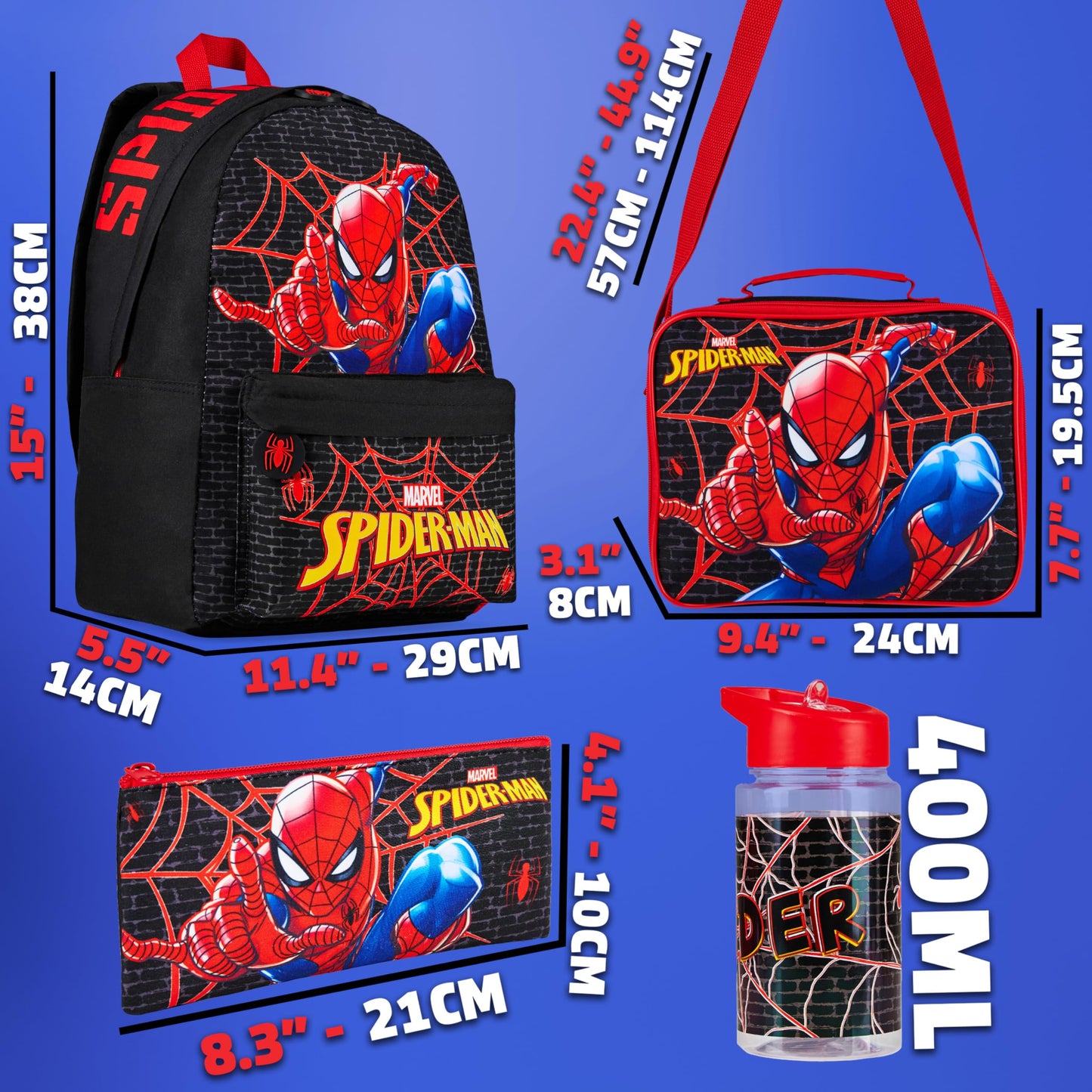 Marvel Spiderman Backpack Lunch Box Water Bottle Pencil Case 4 pc Set for Boys Girls Bookbag Picnic Backpacks Gifts for Kids