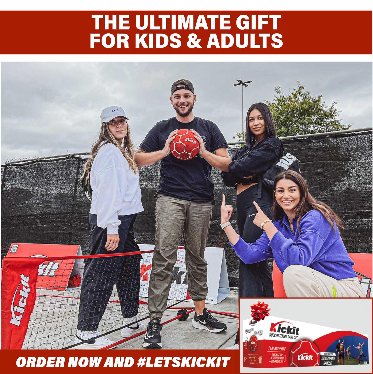 KickIt Soccer Tennis Game Set, Portable 6.5' Wide x 2' High Net with Soft Lightweight Ball, Red, Metal, Complete Skills Training, Outdoors Indoors Backyard Beach, Travel Friendly, Ages 7+