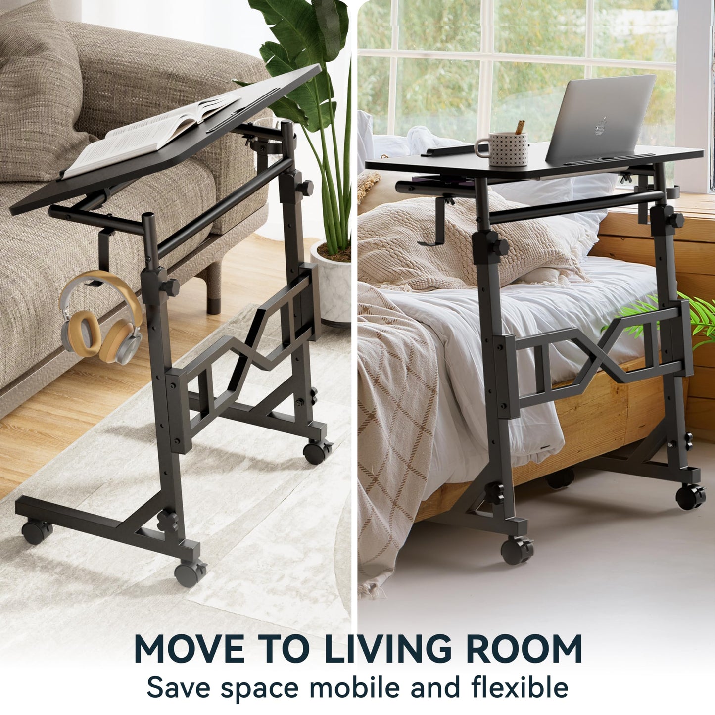 Oransail Small Standing Desk with Wheels, 29.5-45.3 Inch Adjustable Height, Portable Treadmill Desk, Rolling Computer Table for Walking Pad with a Cup Holder and a Hook