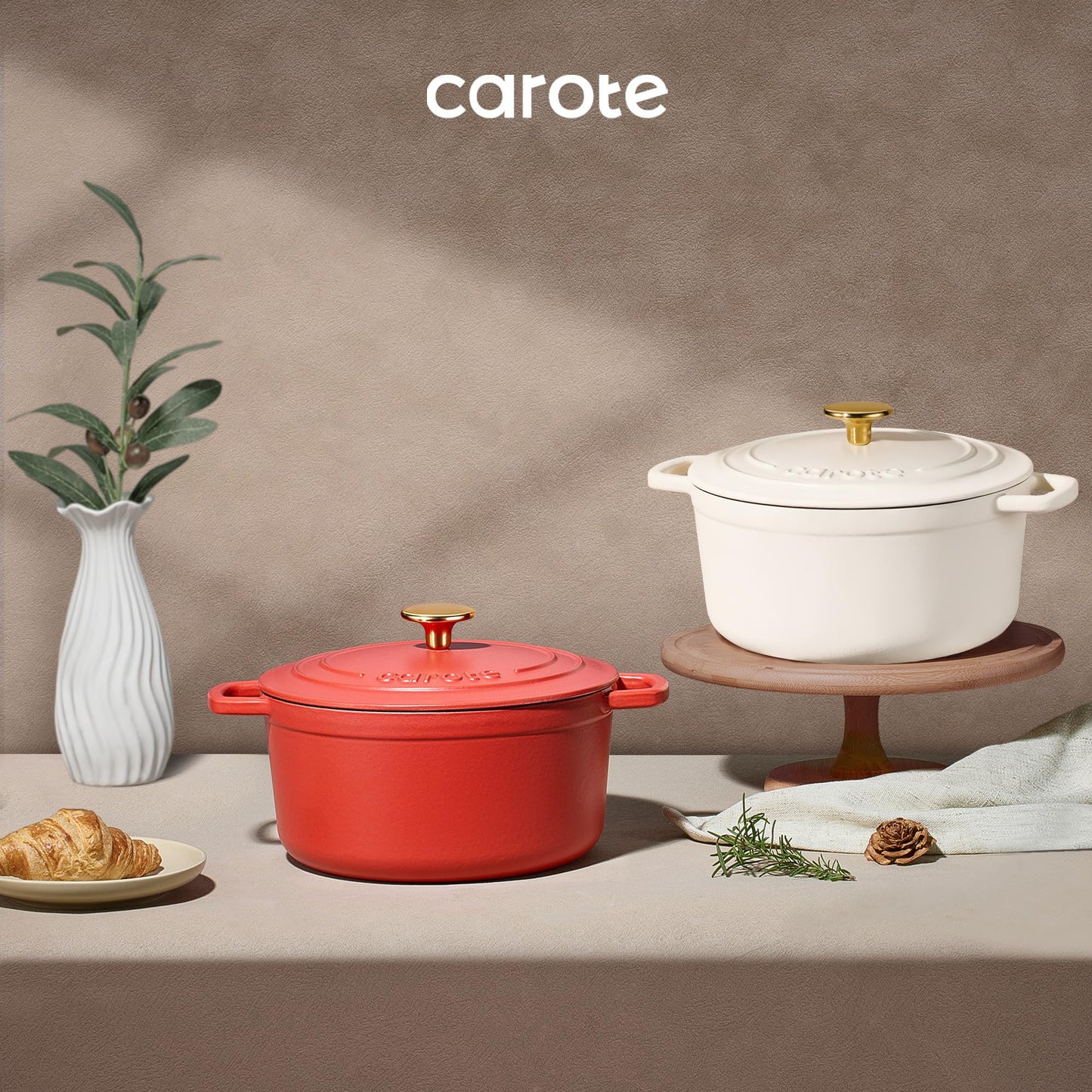 CAROTE Enameled Cast Iron Dutch Oven Pot with Lid, 4 QT Dutch Ovens, Heavy-Duty Cast Iron Pot for Sourdough Bread Baking, Braising, Stews, Roasting, Healthy & Non-Toxic, Dual Handles, All Stovetop Compatible, Oven Safe up to 500° F, Cream White