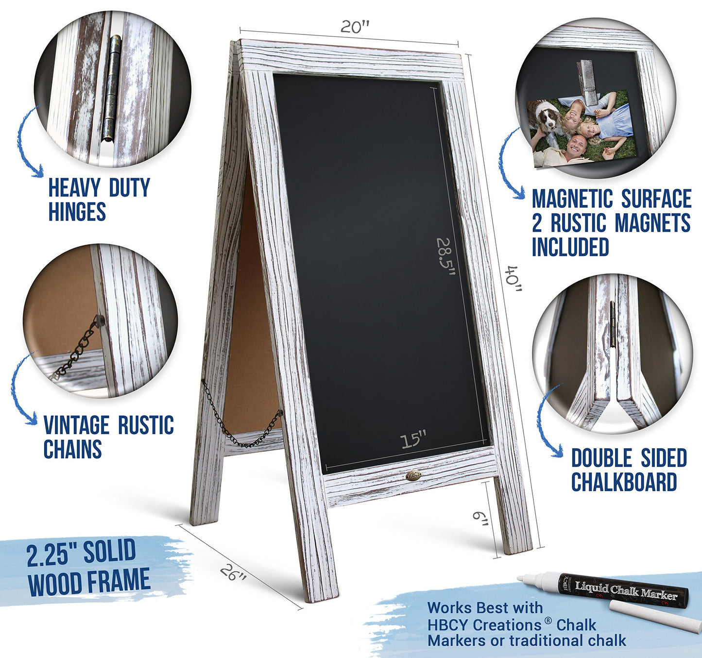 A Frame Chalkboard with Chalk Markers by HBCY Creations: 40x20 Solid Wood A-Frame Sign Whitewash Double-Sided Magentic Menu Board, Deluxe Set Includes 8 Chalk Markers, 10 Stencils, 2 Magnets