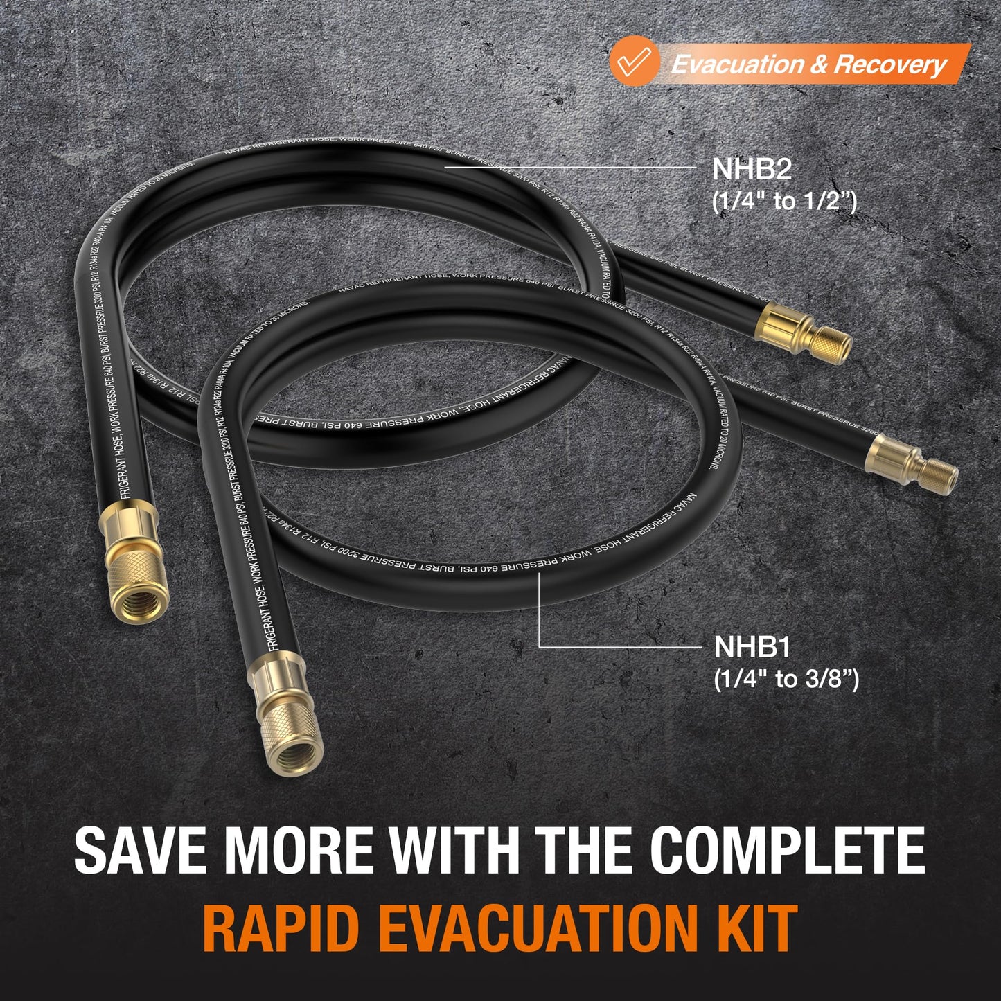NAVAC NHB1 High-Flow Refrigerant Hose - 3/8" to 1/4" Fittings | 6 Feet Length - 1/2" Internal Diameter - Faster HVAC Evacuation and Recovery - 20 Microns Vacuum