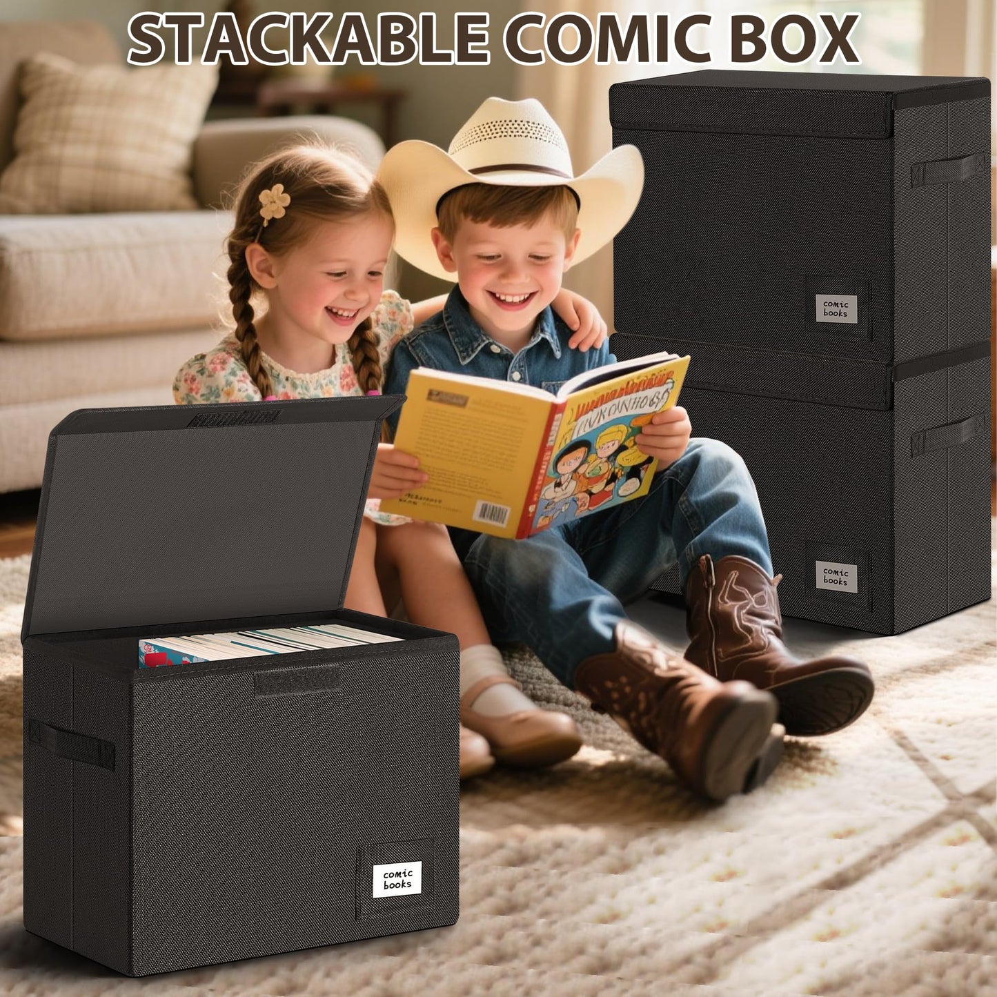 Leffis Comic Book Storage, Collapsible and Stackable Comic Short Box, Moistureproof Comic Box with Lid and Label Slot 15.5" X 7.5" X 11.3" Holds 150 Comics (5)