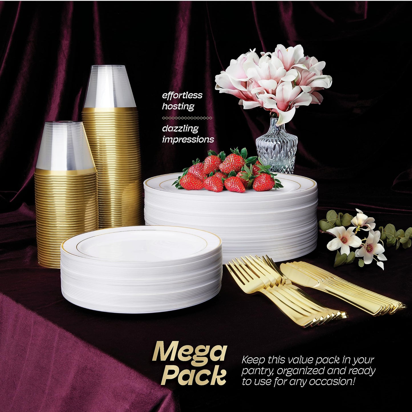600pcs Plastic Dinnerware Set 100 Guest, Gold Plastic plates for party, Gold Party Plates Sets For 100 Guests, Wedding Plates Disposable Set Includes Also Cups, And Cutlery.