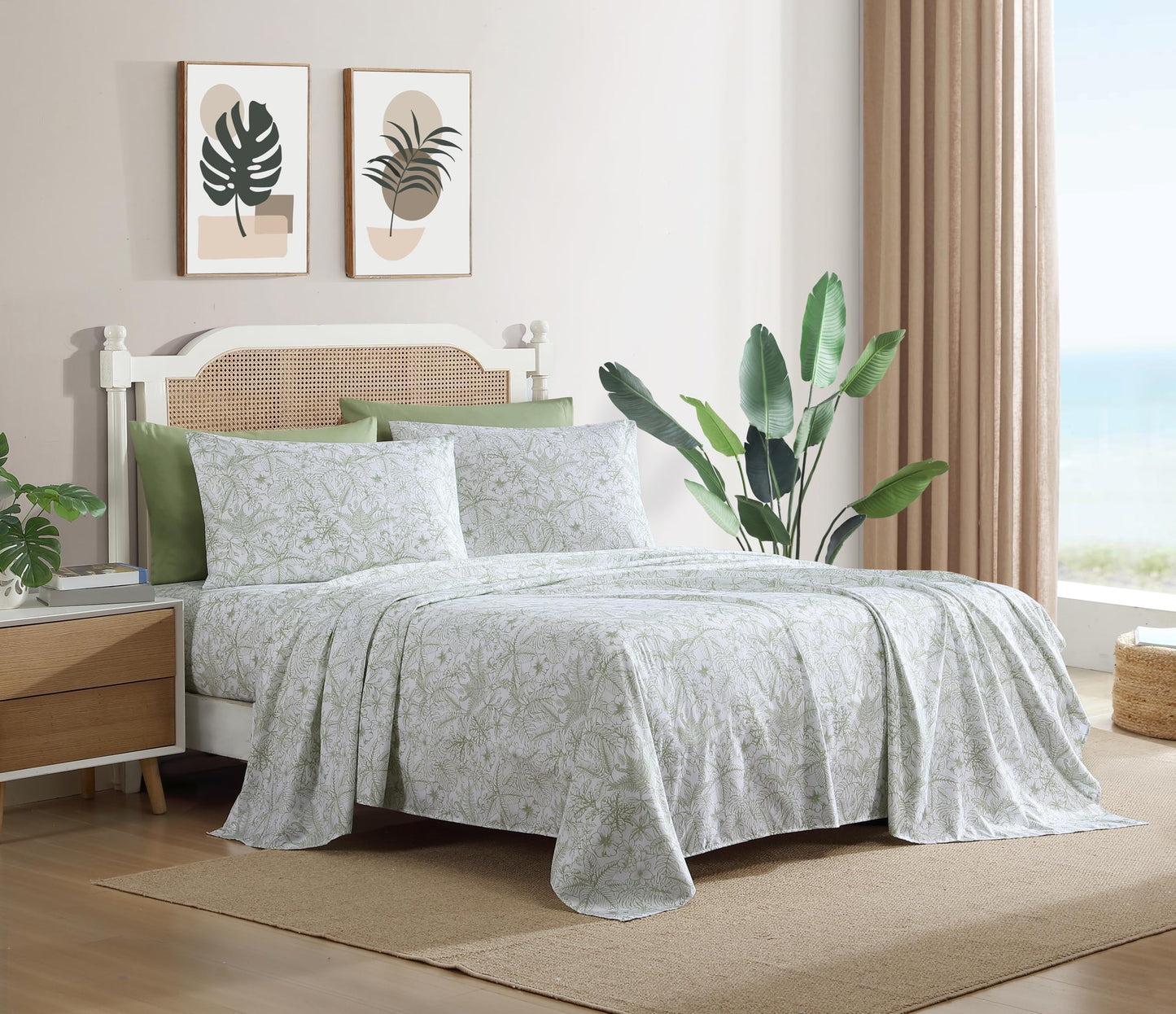 Caribbean Joe 6-Piece Sheet Set with Cooling Pillowcases, 12-inch Deep Pockets, Tropical Beach Coastal Design, Queen, Tropical Toile Green