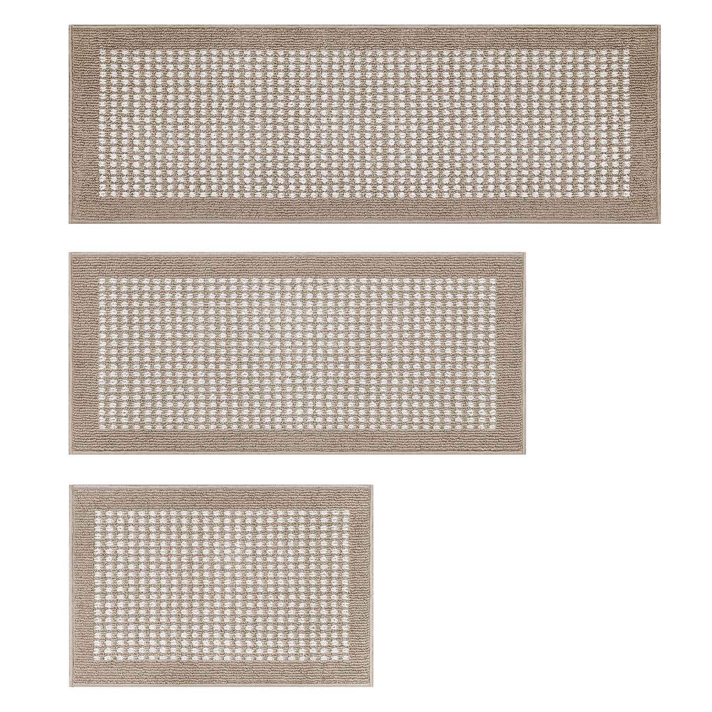 Ileading Kitchen Mat Sets 3 Piece Minimalist 3D Lattice Kitchen Floor Rugs with Non Slip Rubber Backing Machine Washable Farmhouse Runner Rugs for Laundry Hallway Doormat(Beige)