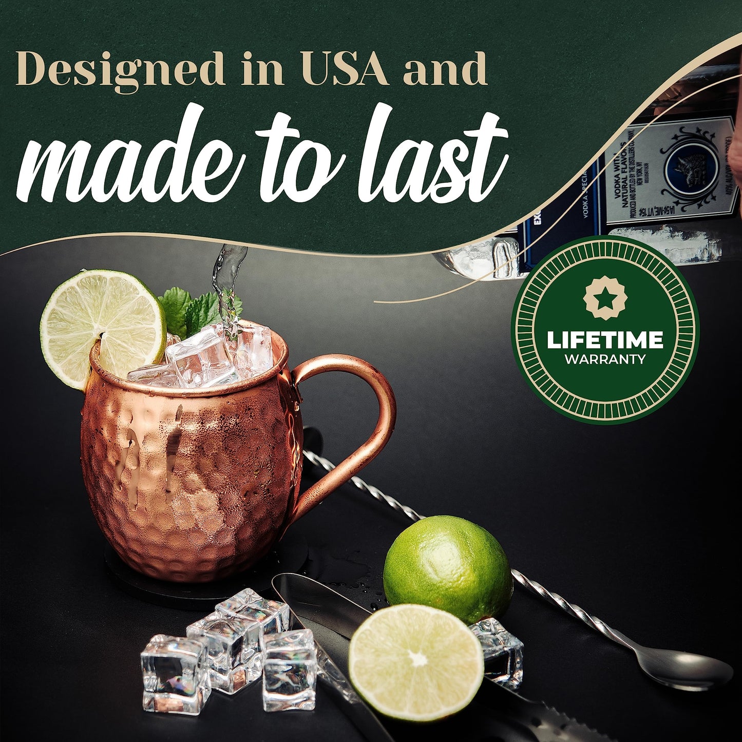 Kitchen Science Moscow Mule Copper Mugs Set of 8 (16oz) | Food Grade 100% Pure Copper Cups | Handcrafted w/Lacquered Hammered Finish, Smooth Rounded Lip, Ergonomic Handle (No Rivet) w/Solid Grip