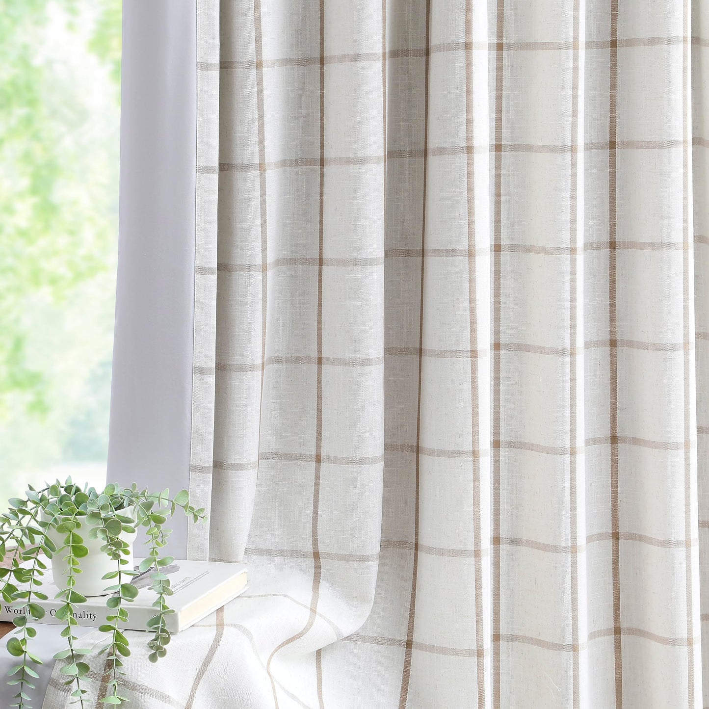 Vision Home Flax Linen Plaid Pinch Pleated Full Blackout Curtains Checkered Thermal Insulated Window Panels 84 inch for Bedroom Living Room Energy Efficient Rustic Pleat Drapes with Hooks 40"Wx84"Lx2