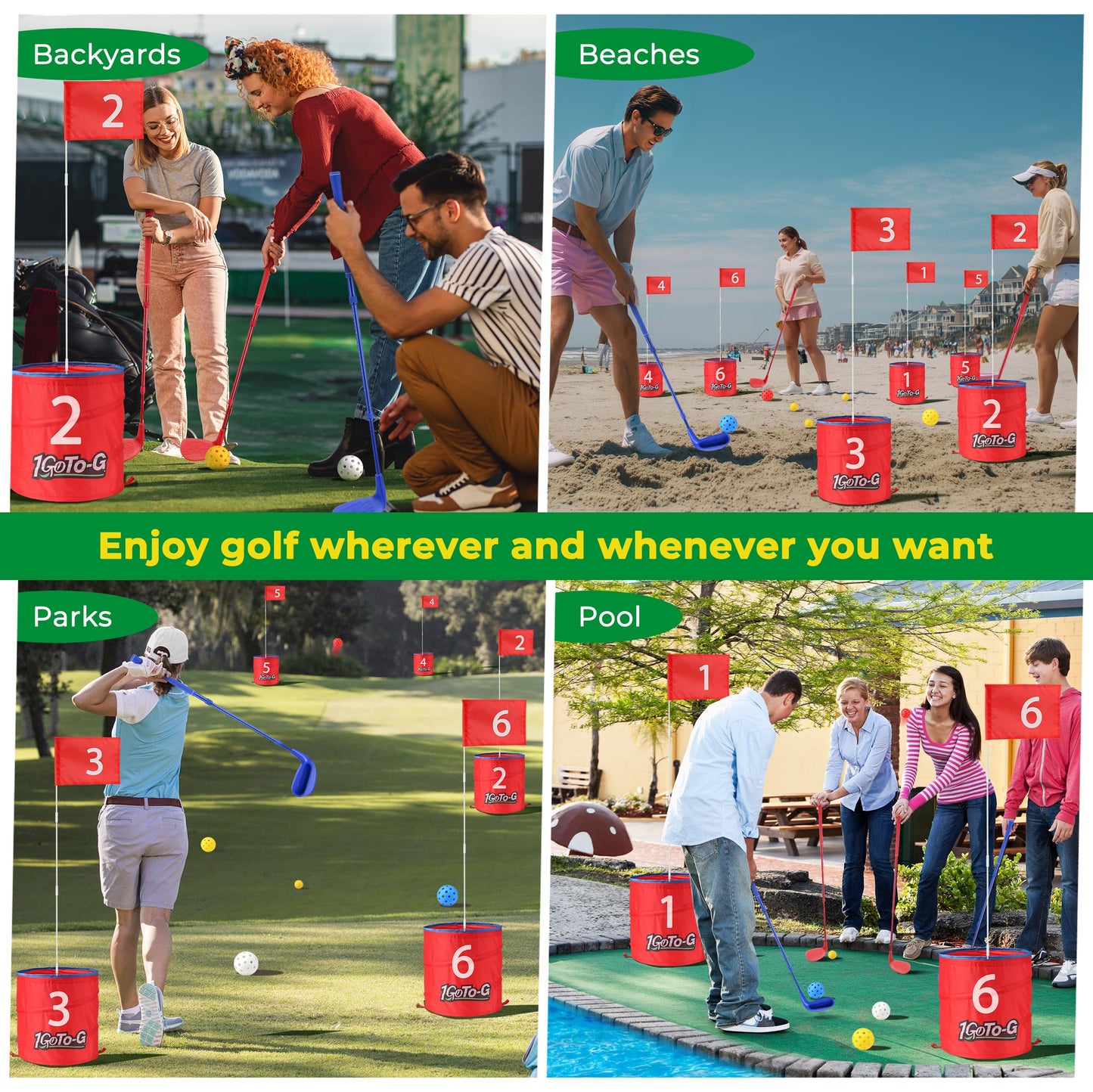 1GoTo-G Golf Bucket Game, Backyard Golf Game for Kids and Adults - Portable 9 Holes Golf Course Play Outdoor, Lawn, Park, Beach, Yard, Camping with Club.