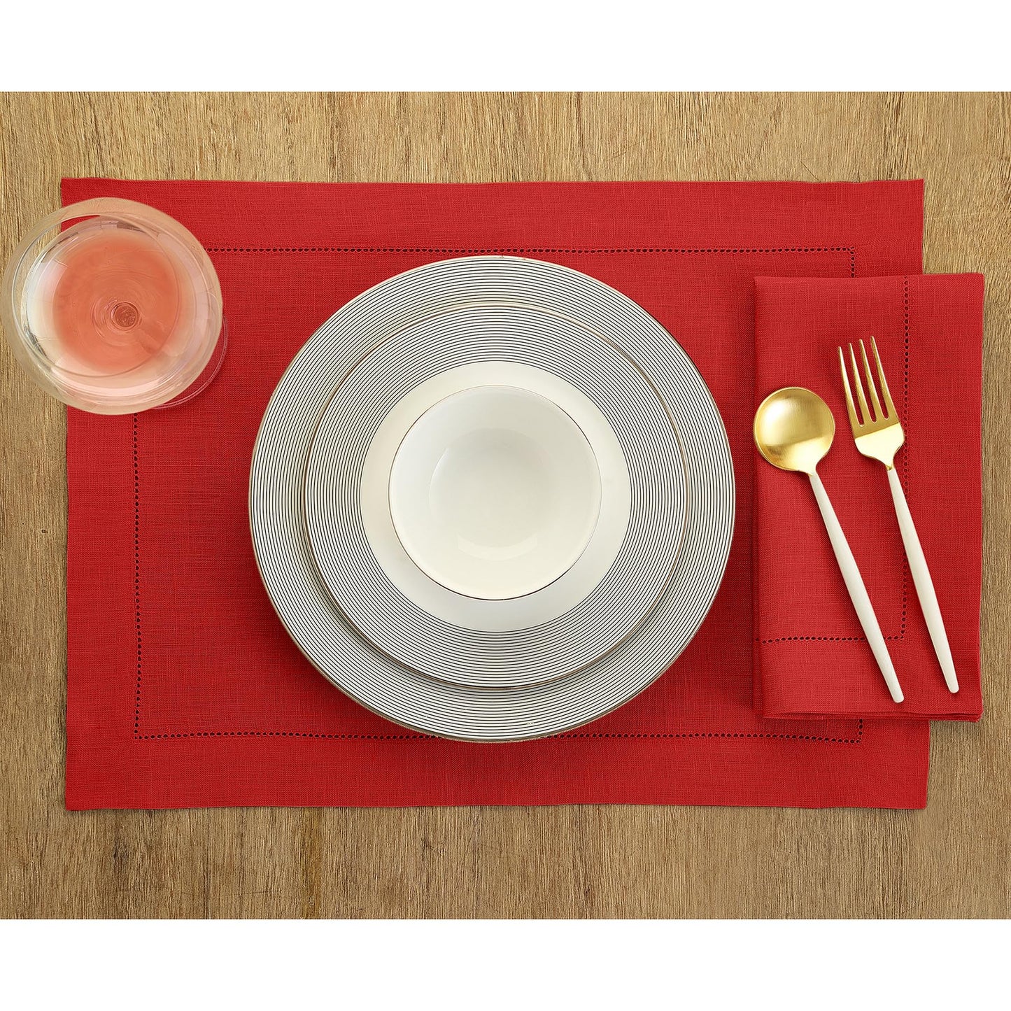 Solino Home Red Linen Napkins Set of 4-100% Pure Linen Hemstitch Dinner Napkins 20 x 20 Inch for Valentines, Winter - Classic Hemstitch
