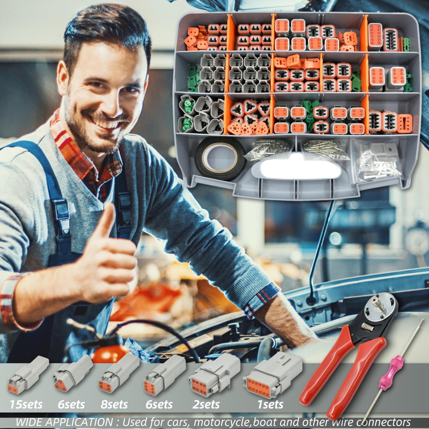 ALFOCI 482 PCS DT Deustch Connector Kit, 2 3 4 6 8 12 Pin Waterproof Automotive Electrical Connectors, Including Deutsch Crimping Tool, Removal Tool, 16# Solid Contacts