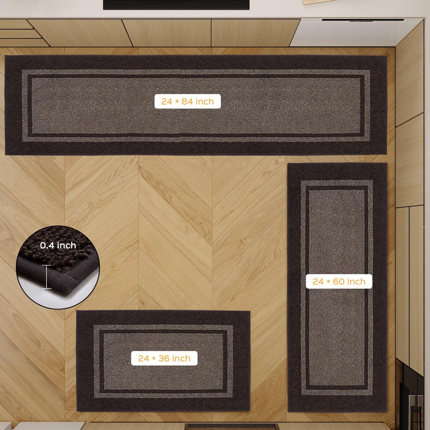 Kitchen Rugs Set (24" x 36"+24" x 60"), Non-Slip Machine Washable Kitchen Runner Rugs Floor Mats, Absorbent Comfort Standing Mat for Kitchen, Sink and Hallway, Rolled Packaging, Grayish Brown & Coffee